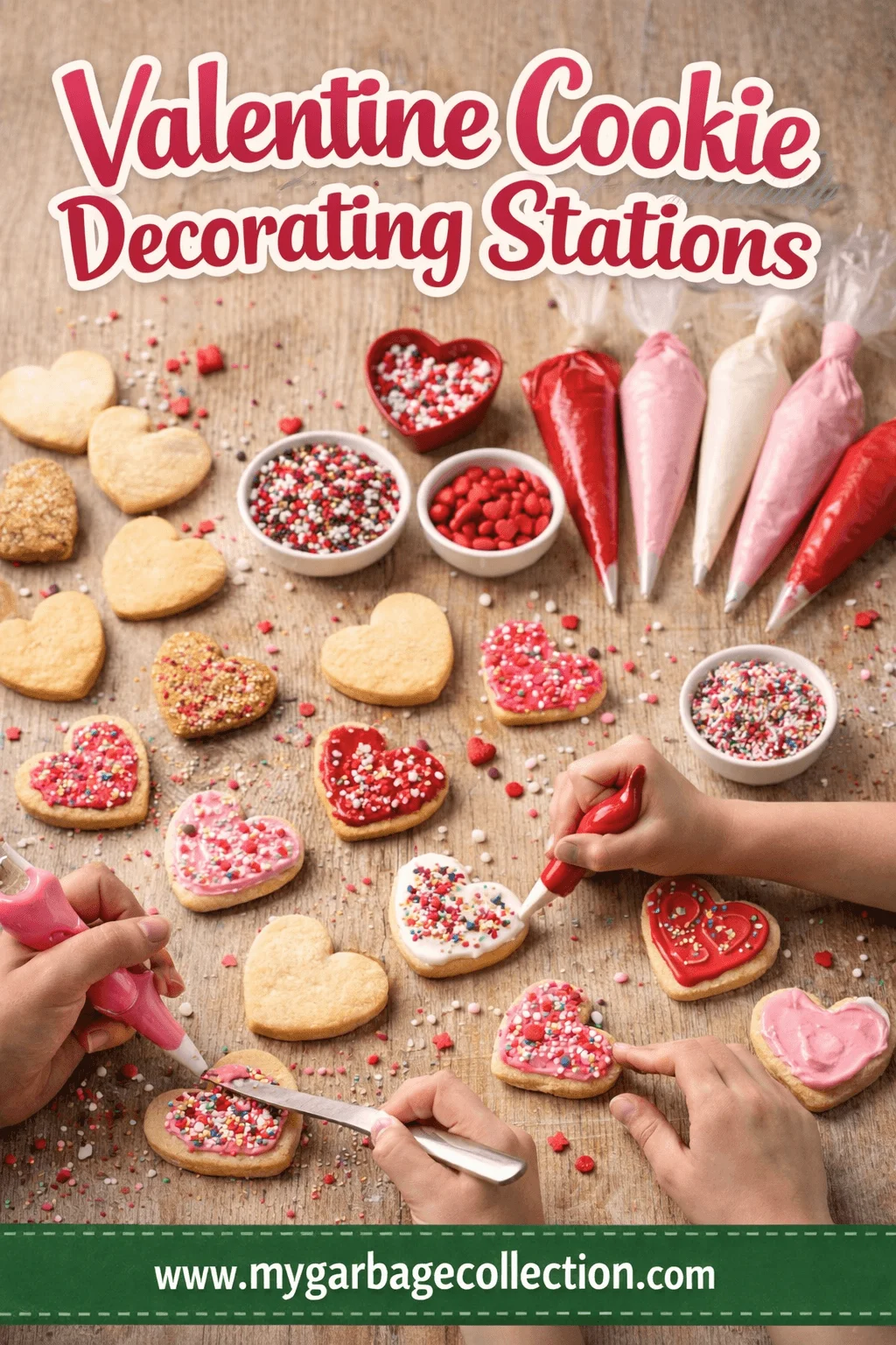 Valentine cookie decorating station with heart shaped sugar cookies being iced and decorated by hands using pink red and white frosting piping bags colorful sprinkles bowls of toppings on a wooden table and the website mygarbagecollection.com displayed at the bottom