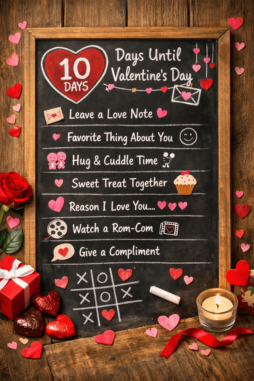 Valentine countdown chalkboard showing “10 Days Until Valentine’s Day” with daily romantic prompts like leaving love notes, hugging and cuddling, sweet treats, watching a rom-com, giving compliments, and more, surrounded by hearts, candles, chocolates, and gifts.