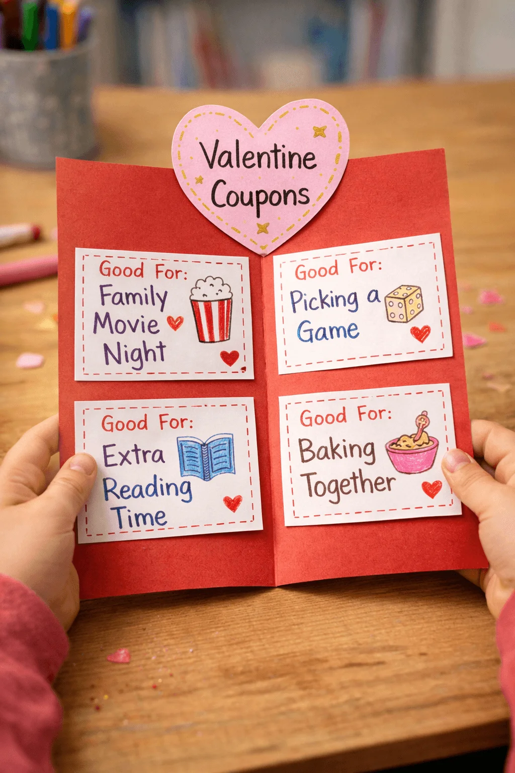 Valentine coupon card with family movie night game choice extra reading time and baking together offers decorated with hearts