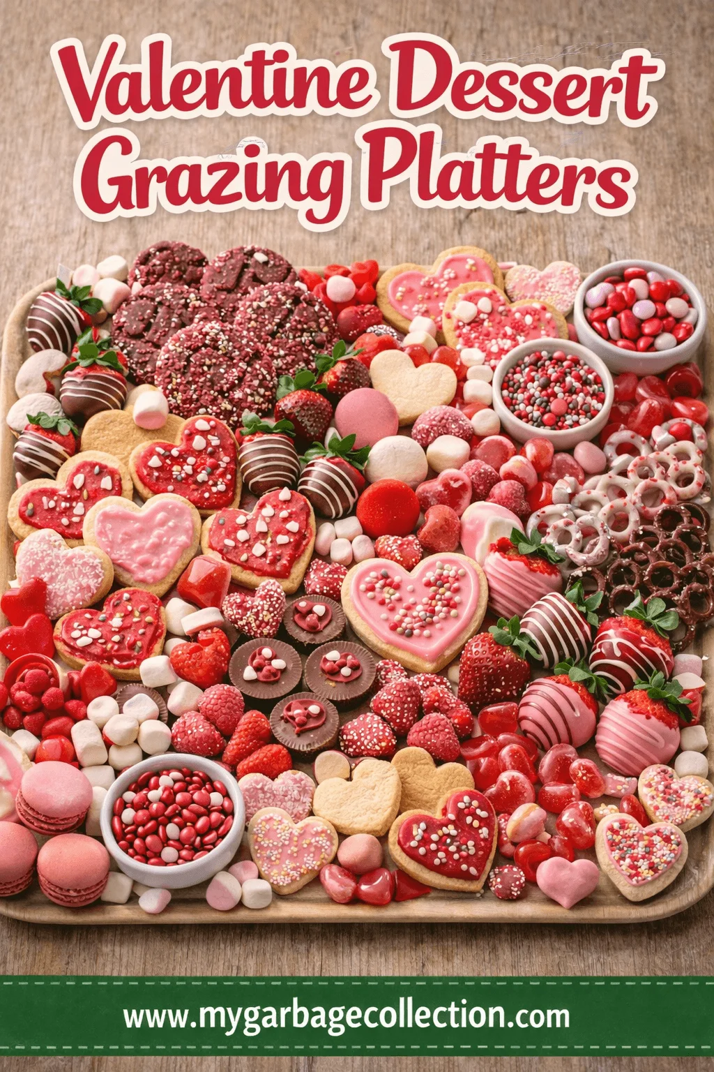 Valentine dessert grazing platter filled with heart shaped cookies chocolate covered strawberries macarons marshmallows candies and pink red sweets arranged on a wooden board festive Valentine theme headline text Valentine Dessert Grazing Platters at the top and website www.mygarbagecollection.com
 at the bottom