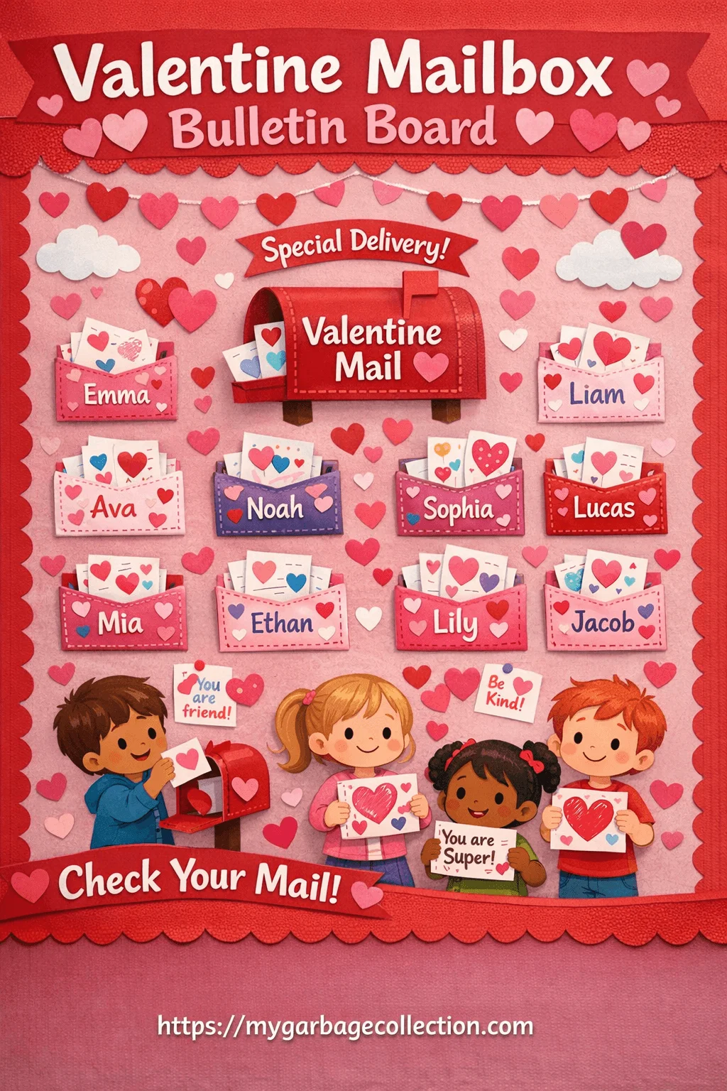 Valentine mailbox bulletin board for preschool classroom with heart themed mailboxes student name pockets children exchanging valentine cards kindness messages and festive decorations