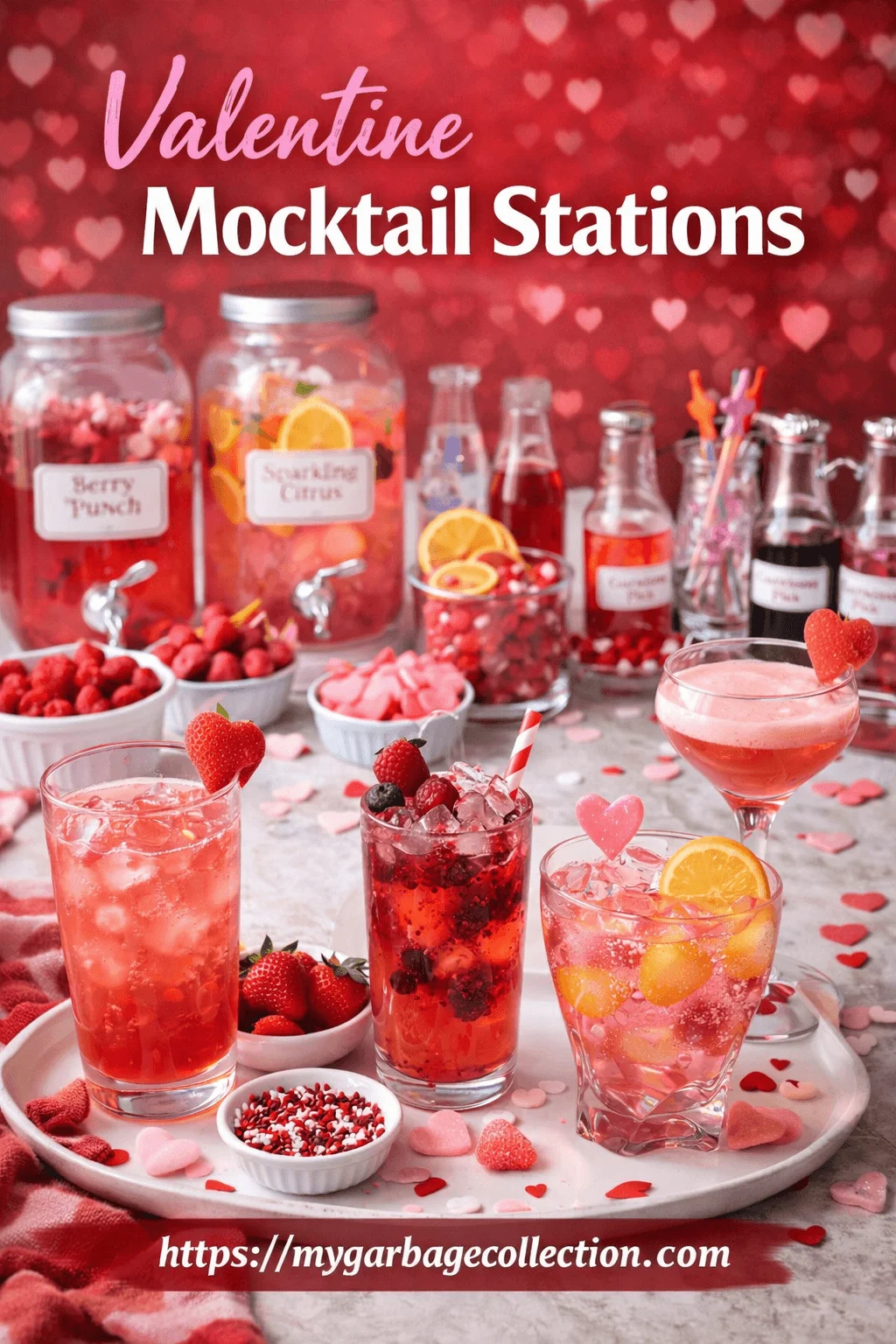 Valentine mocktail station with pink and red non alcoholic drinks garnished with strawberries citrus slices heart shaped stirrers and sugar rims displayed on a festive table with jars of flavored mixers heart confetti and the website mygarbagecollection.com at the bottom