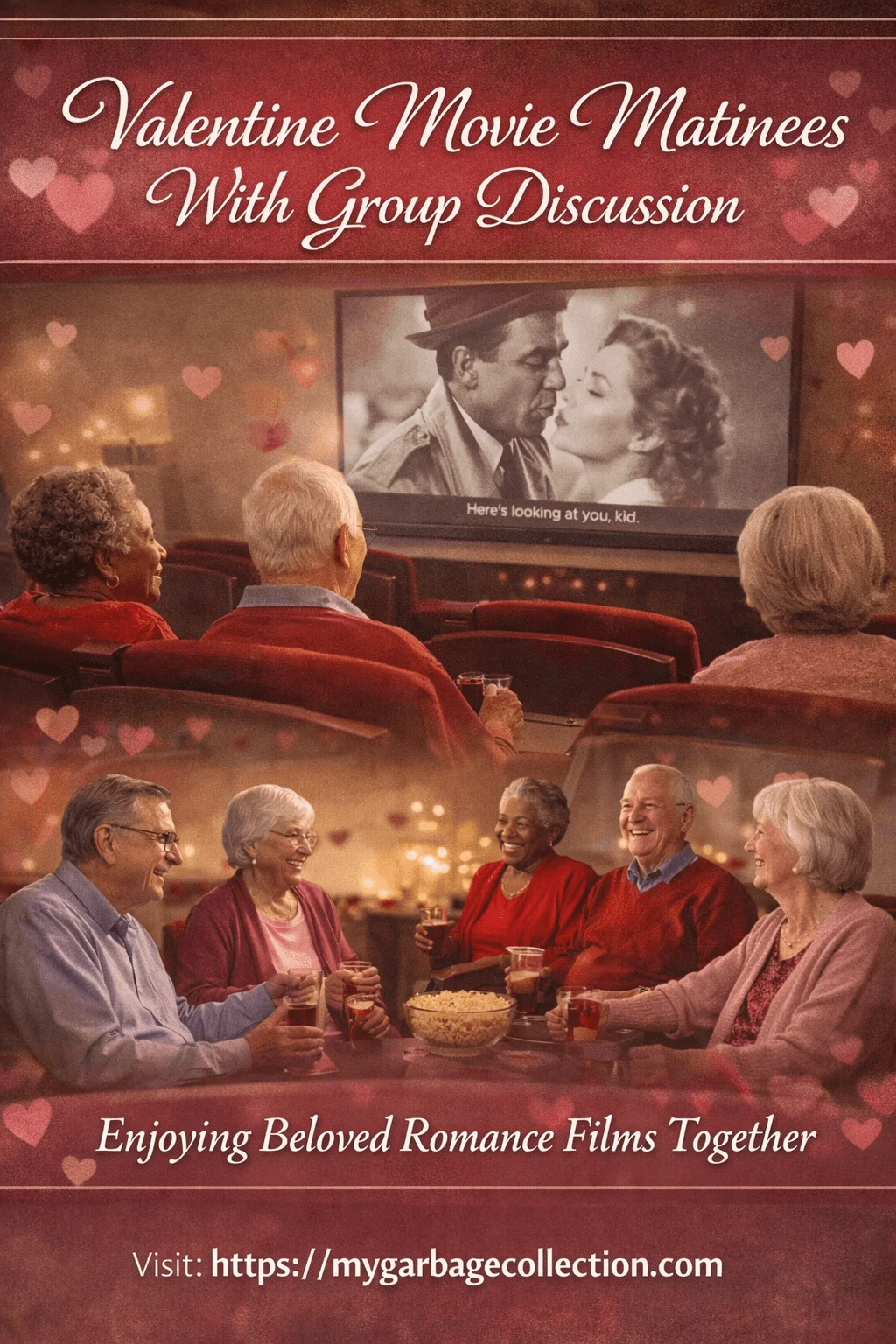 Valentine movie matinees with group discussion showing seniors watching a classic romance film together then sharing drinks popcorn and conversation in a cozy heart themed theater setting