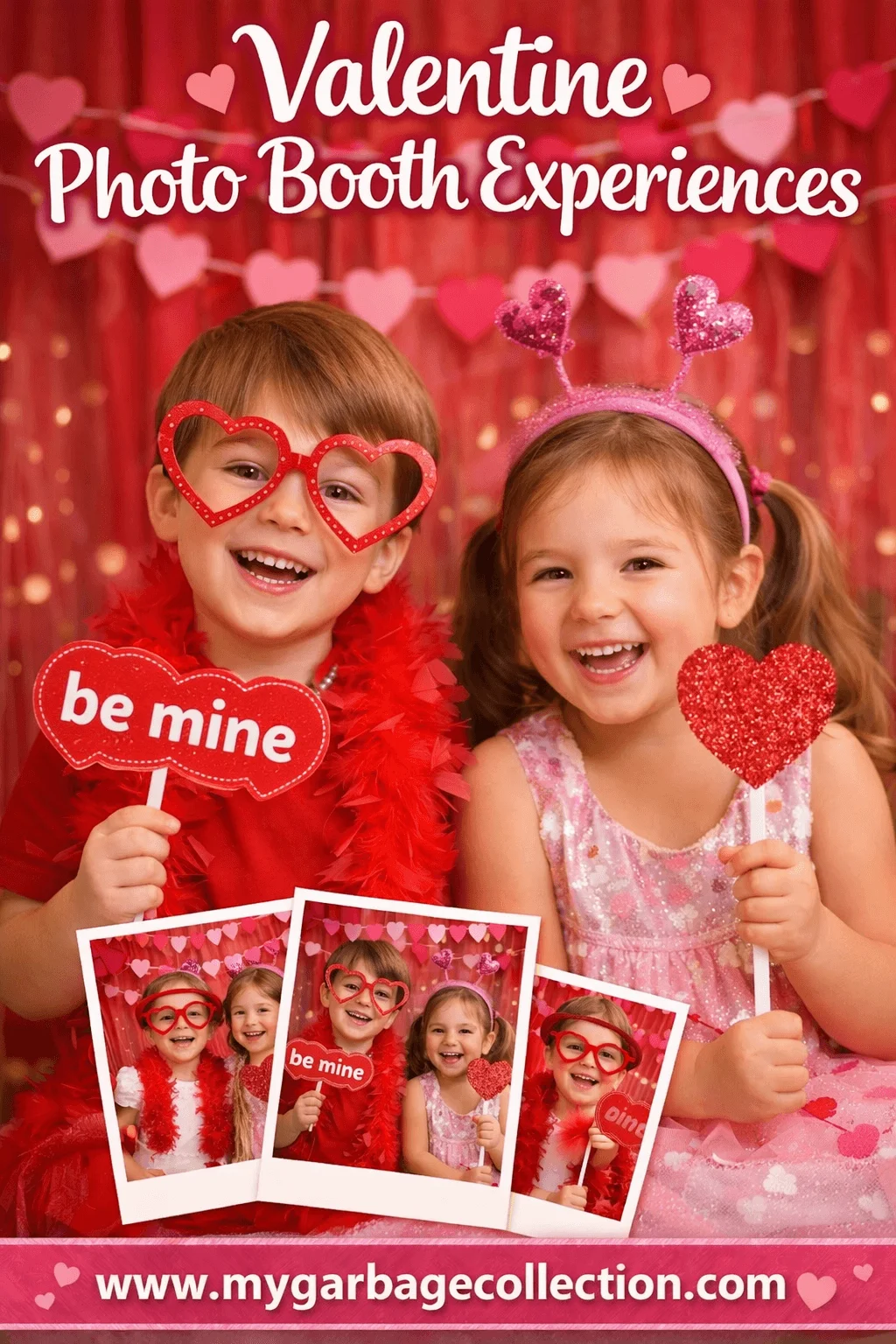 Valentine photo booth experiences showing two children smiling with heart props glasses and signs posing in a festive Valentine themed photo setup with mygarbagecollection.com displayed at the bottom