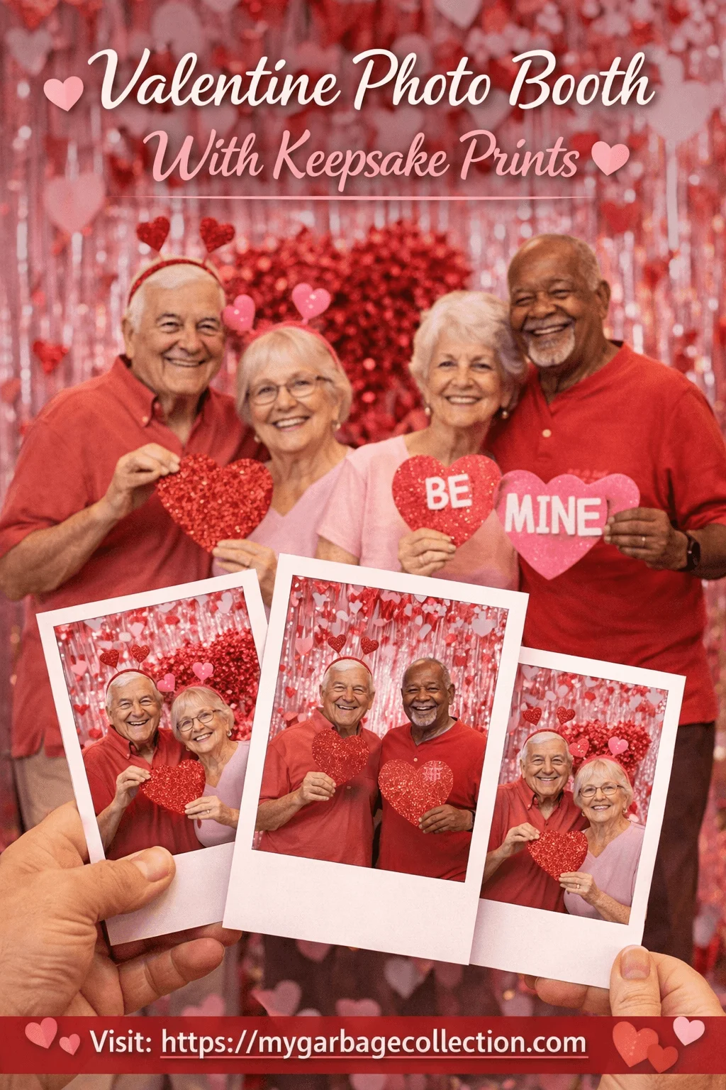 Valentine photo booth with keepsake prints showing seniors smiling and posing together holding heart props in a festive red and pink backdrop with printed photos as memorable Valentine keepsakes