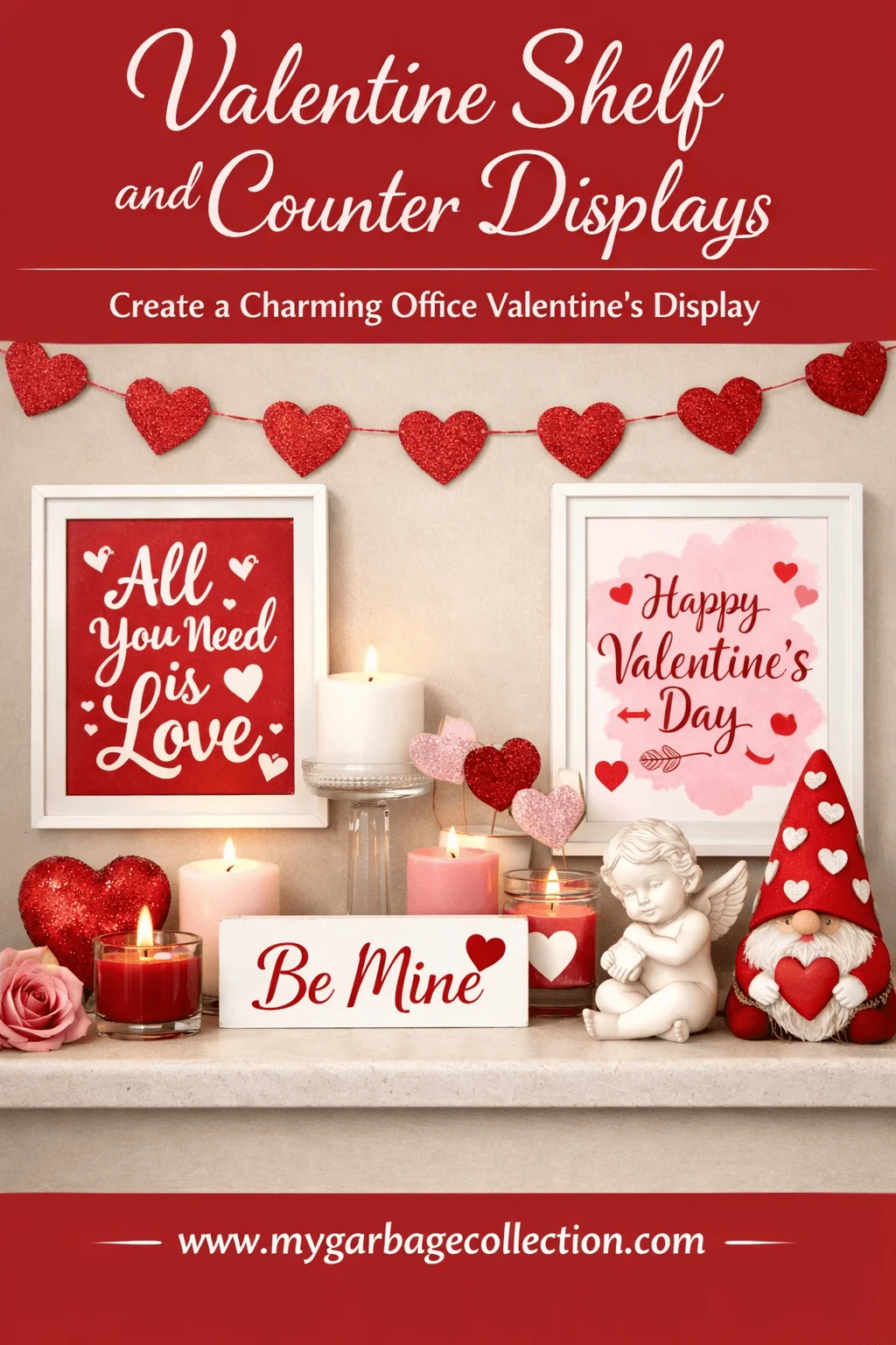 Valentine shelf and counter display with framed love quotes heart garland candles pink roses decorative figurines be mine sign and red and pink Valentine accents arranged on an office shelf with warm cozy styling and website url mygarbagecollection.com