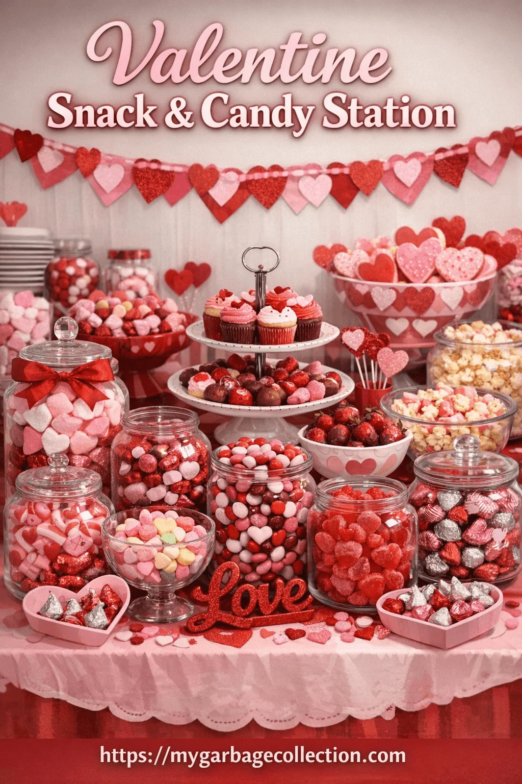 Valentine snack and candy station filled with jars of heart shaped candies chocolates marshmallows cupcakes popcorn and sweet treats arranged on a decorated table with red and pink hearts creating a festive Valentine themed office treat display with website url mygarbagecollection.com