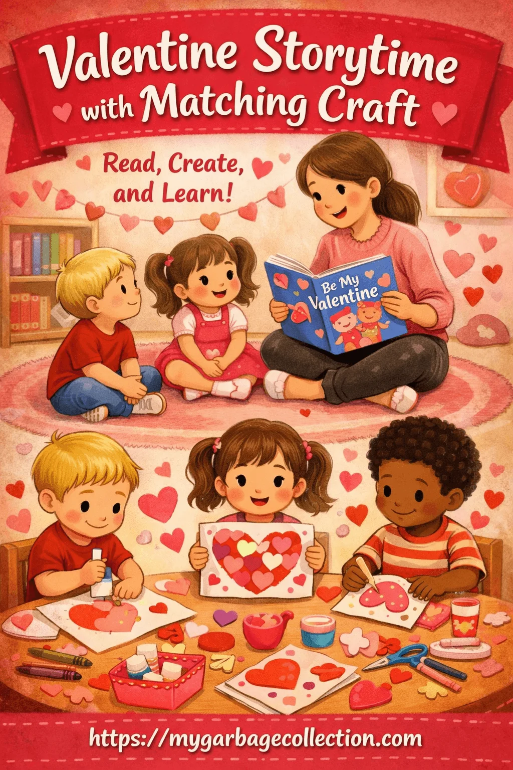 Valentine storytime with matching craft showing a teacher reading a Valentine book to children and kids creating heart themed crafts together with mygarbagecollection.com displayed at the bottom