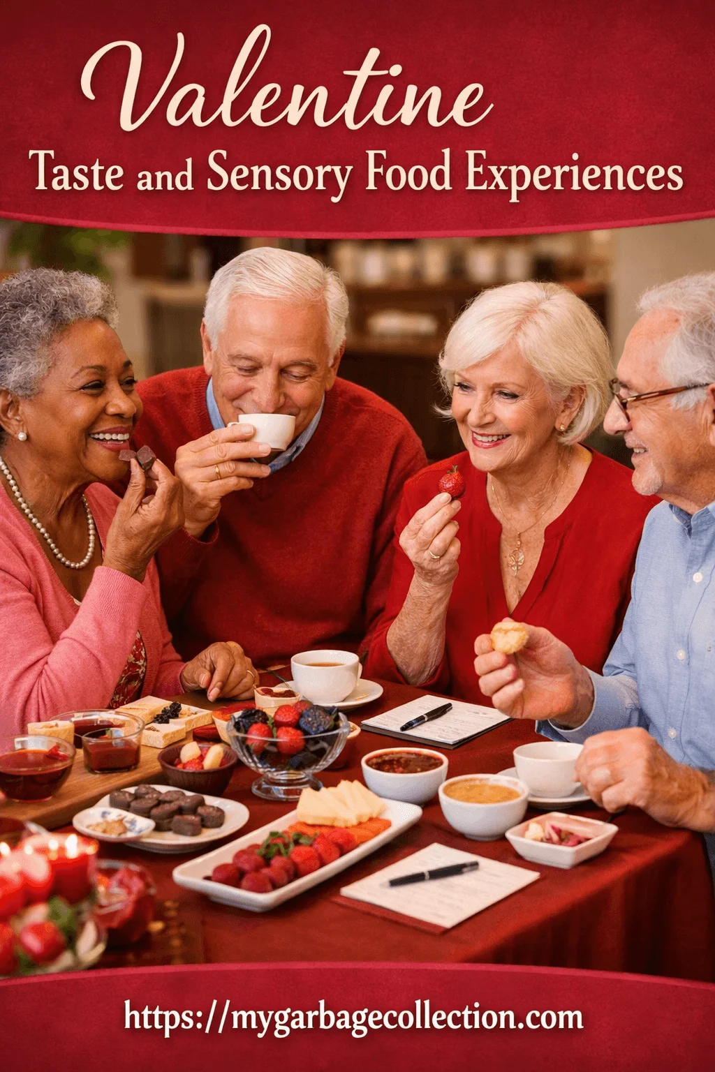 Valentine taste and sensory food experiences showing seniors enjoying chocolate fruit tea and small bites while smiling and sharing a festive Valentine themed tasting activity around a table