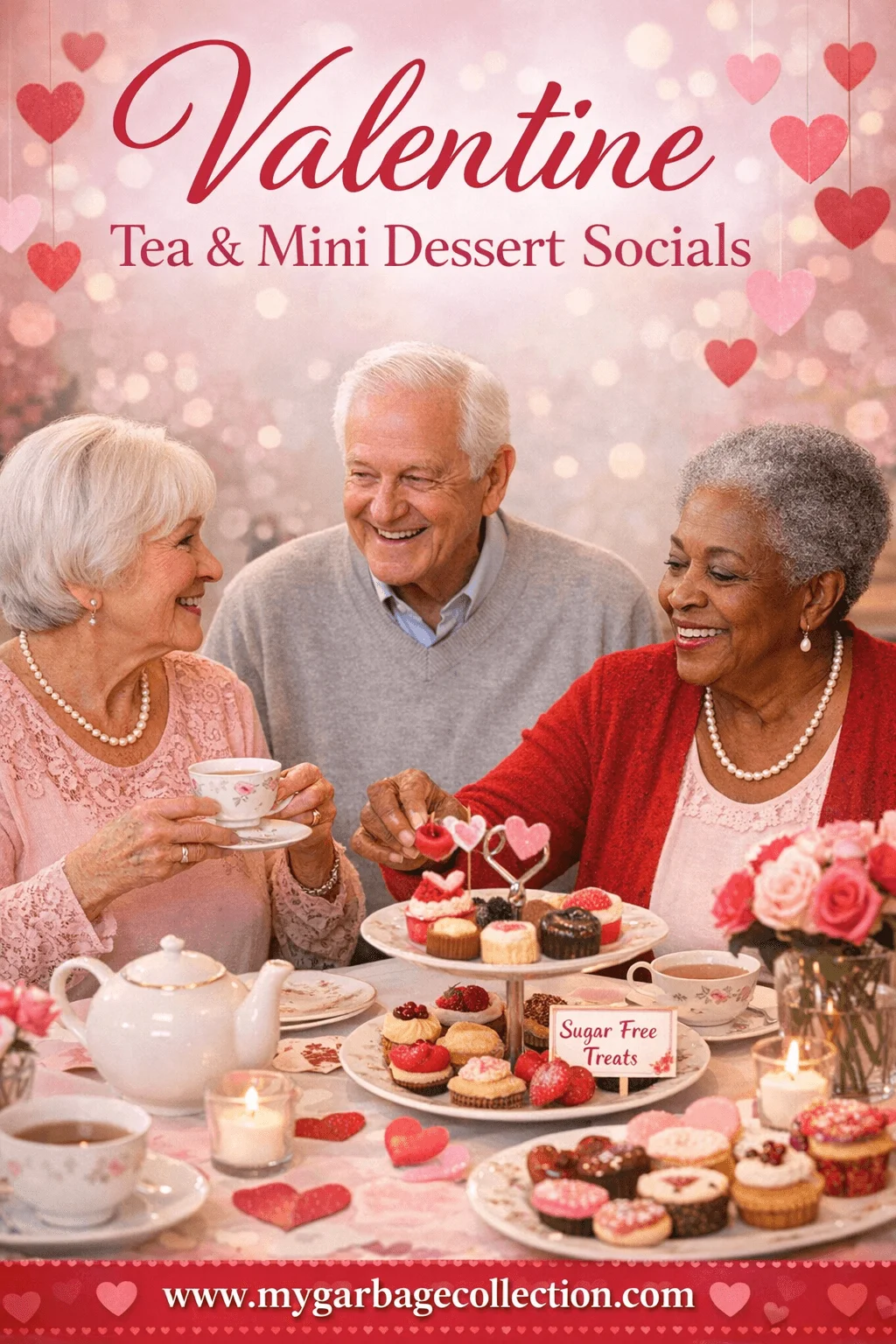 Valentine tea and mini dessert socials showing seniors enjoying tea sugar free mini desserts cupcakes and pastries while smiling and socializing at a heart themed table setting