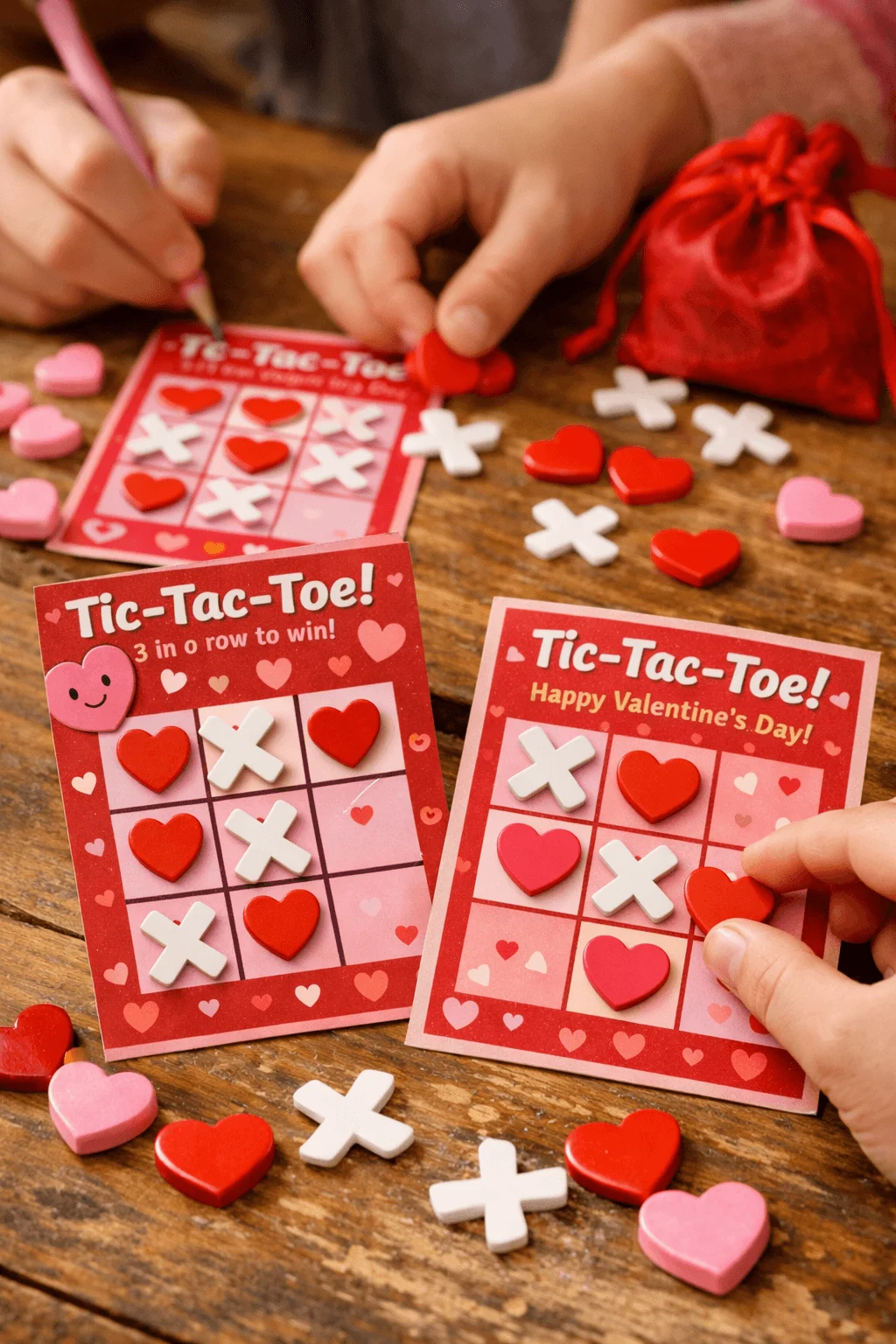 Kids playing with Valentine tic tac toe cards using heart and x pieces on a wooden table with red and pink decorations
