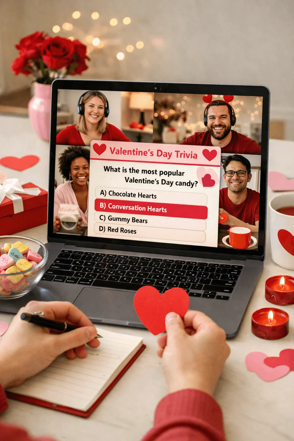 Laptop showing coworkers on a video call playing Valentine’s Day trivia surrounded by heart decorations candles and candy on a desk