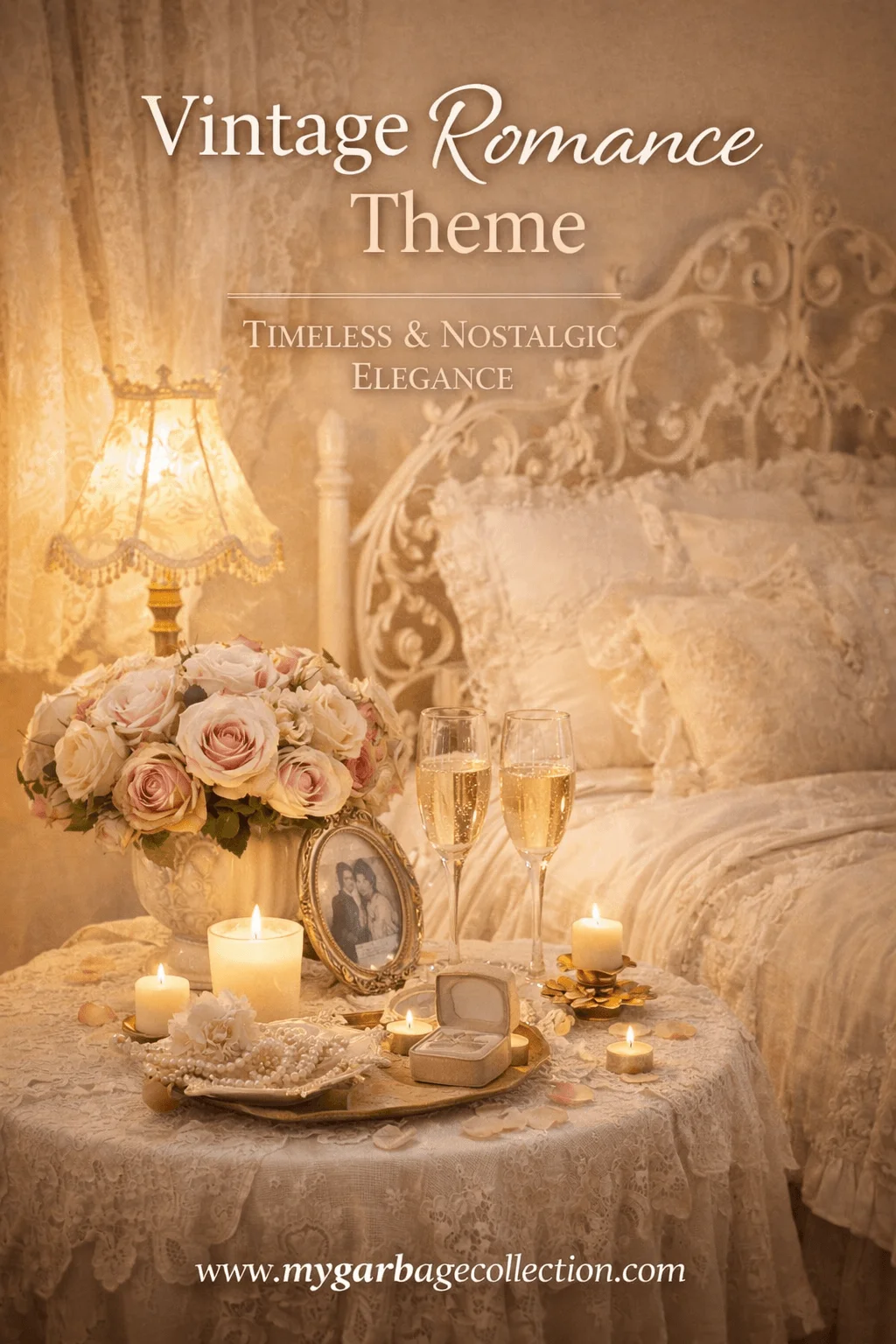 Vintage romance themed hotel bedroom with lace bedding antique decor soft candlelight champagne glasses floral arrangement framed photo and timeless Valentine ambiance