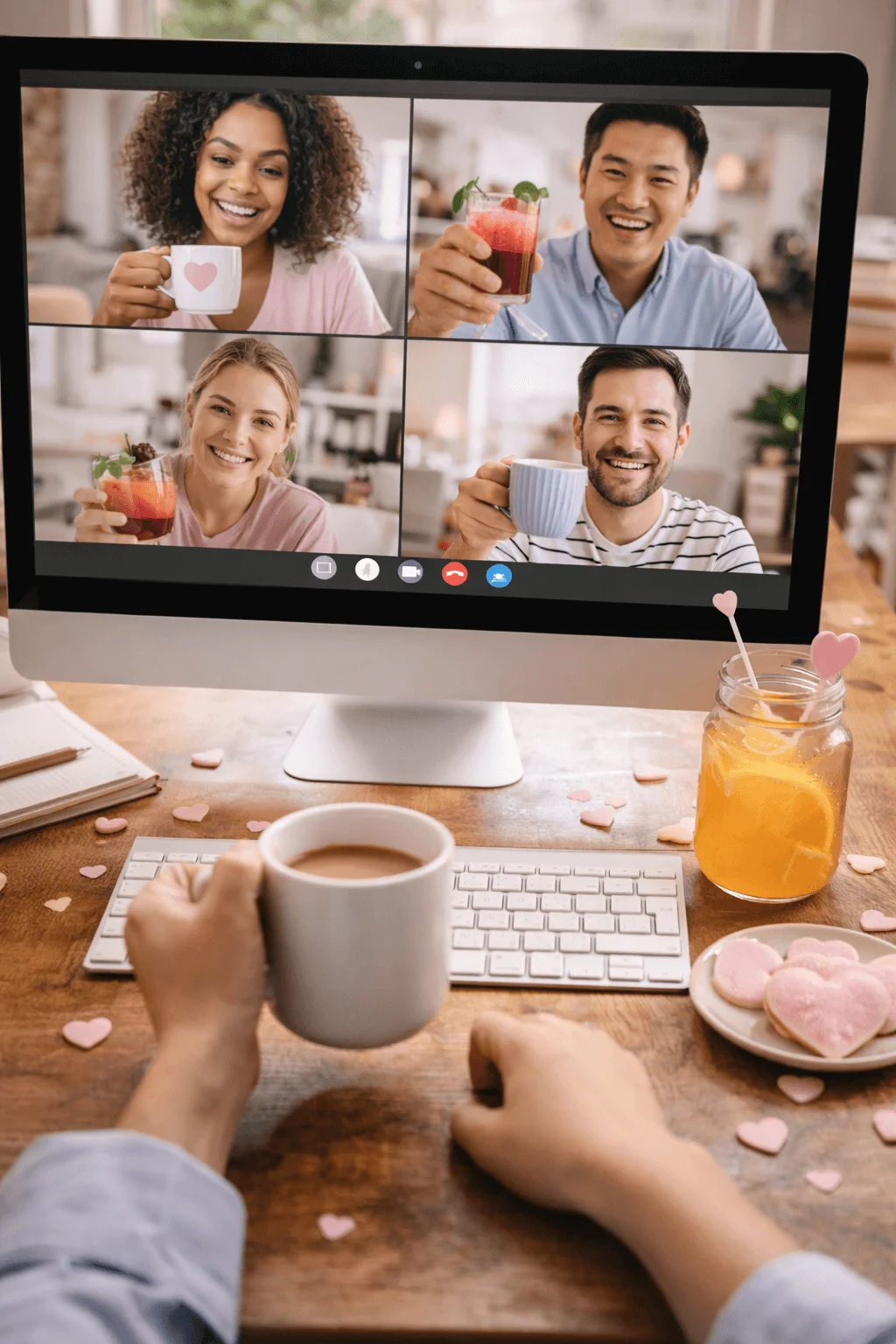 Computer screen showing coworkers on a video call holding drinks during a virtual coffee and mocktail session with heart themed decor on the desk