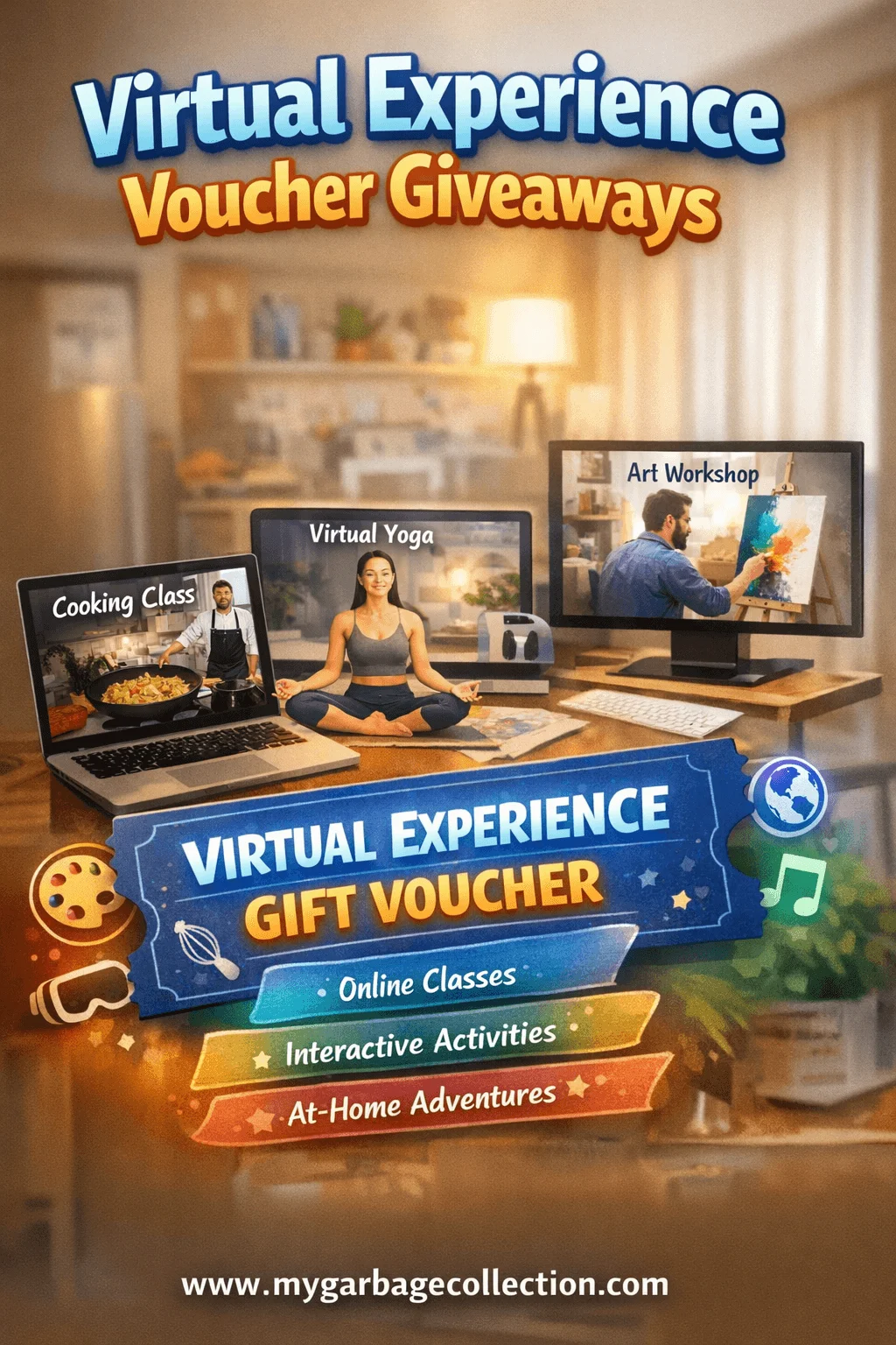Virtual experience voucher giveaways showing online cooking class virtual yoga session and art workshop displayed on laptop and desktop screens with a gift voucher banner icons and a website URL at the bottom