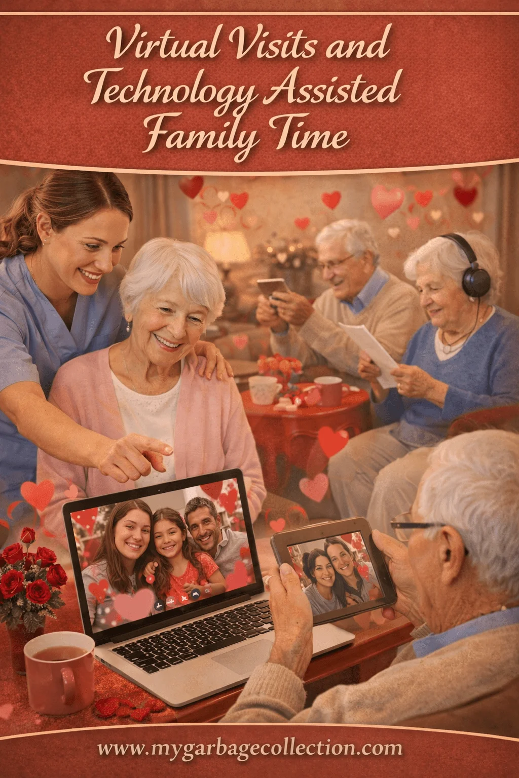 virtual visits and technology assisted family time with seniors using tablets and laptops to connect with loved ones during a heart themed family video call in a senior living community