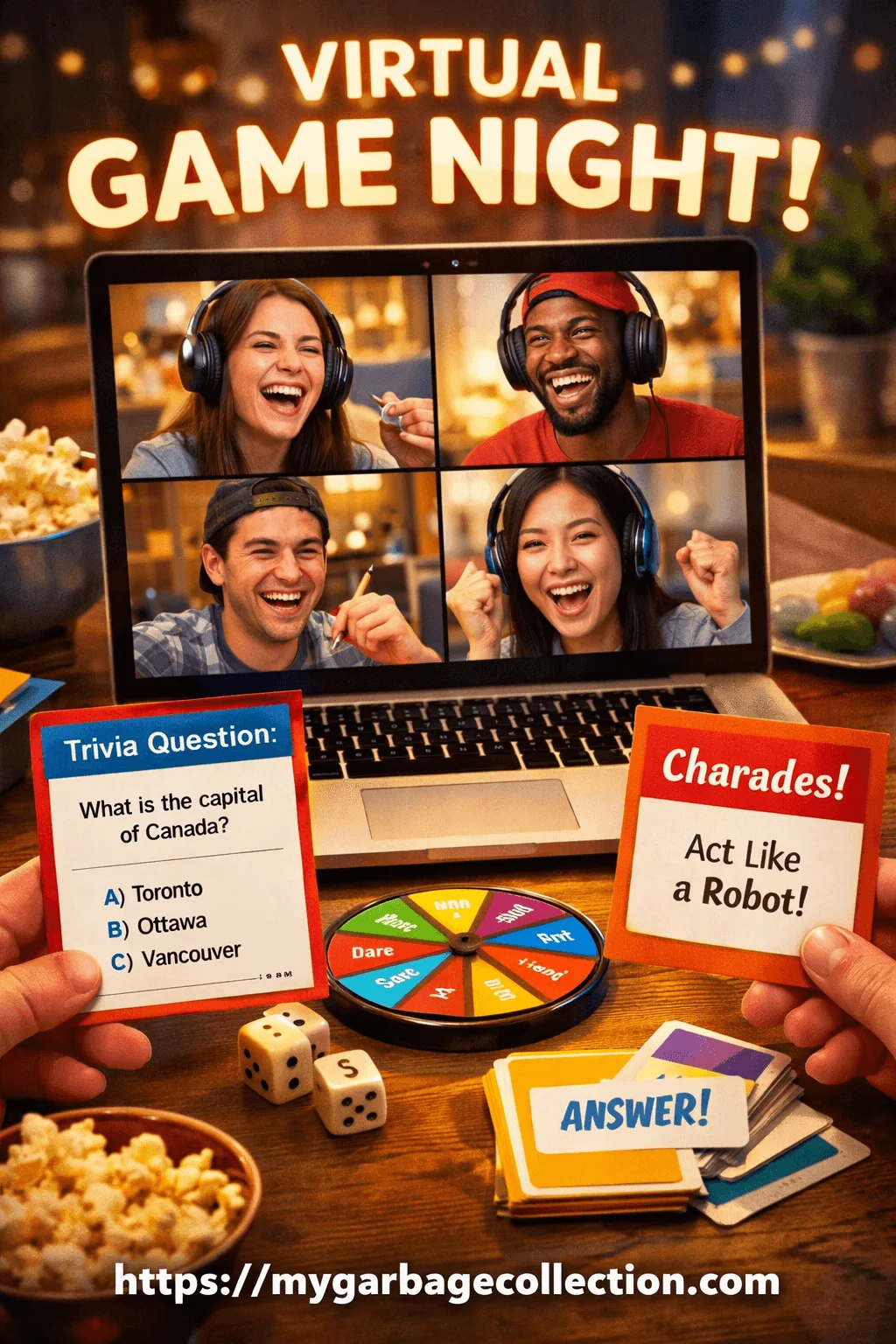 Friends enjoying a virtual game night together on a laptop screen while playing trivia and charades laughing and celebrating with snacks cards dice and games during an interactive online gathering at home