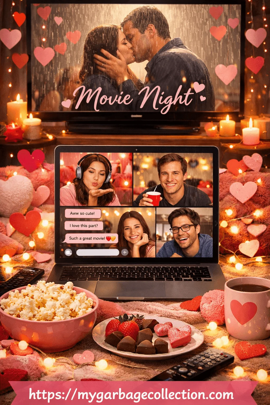 Virtual movie night with friends watching a romantic film together through a video call while enjoying popcorn chocolates and cozy decorations with hearts candles and warm lights creating a fun themed long distance watch party at home