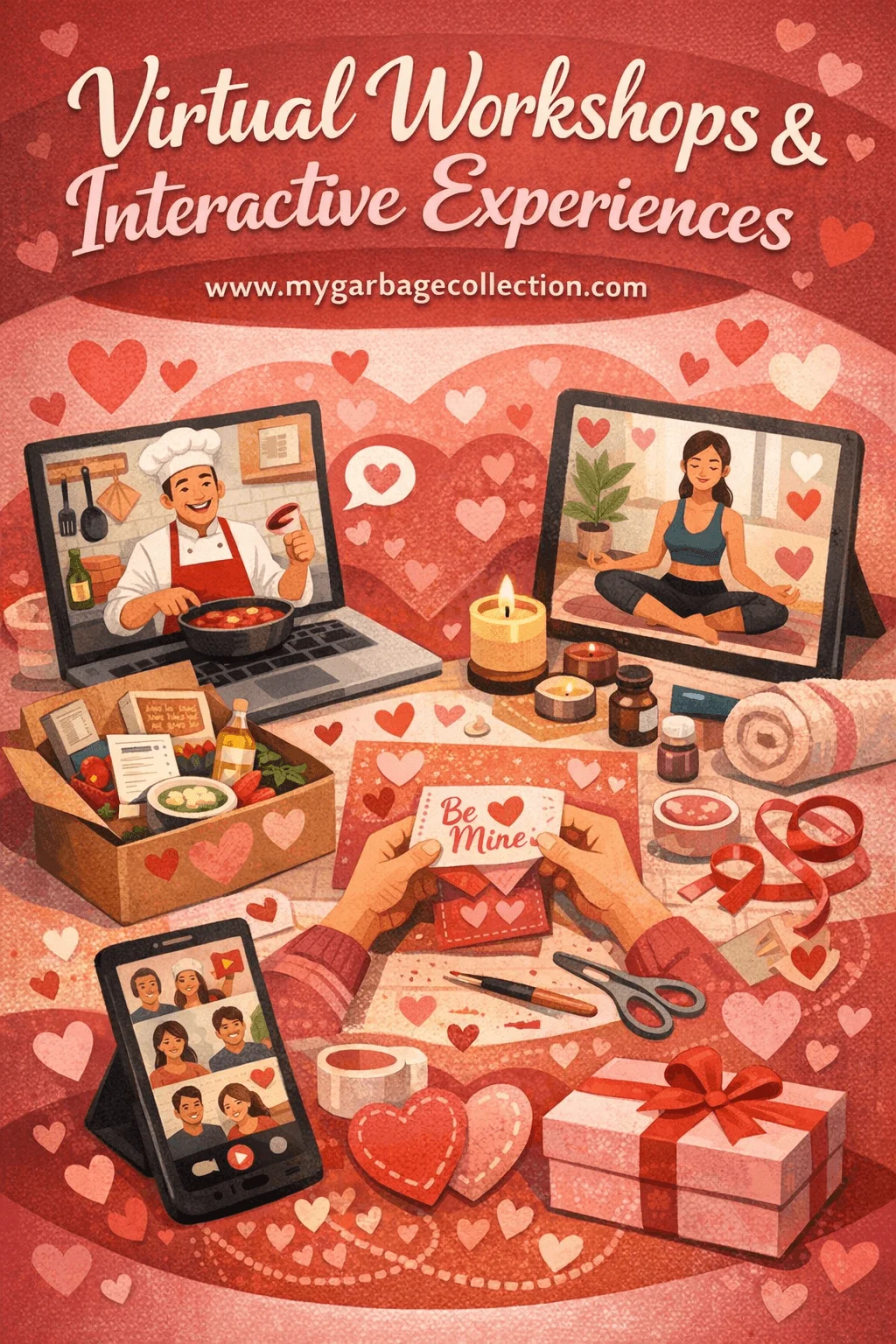Virtual workshops and interactive experiences for valentines day showing online cooking class guided wellness session craft activity video calls gifts and romantic themed digital events