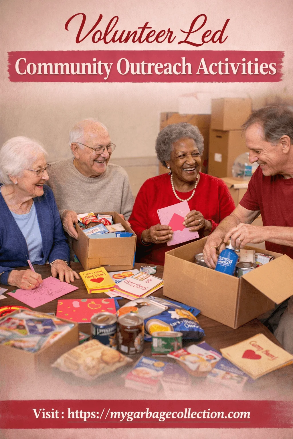 volunteer led community outreach activities featuring seniors and volunteers assembling care packages and writing heartfelt cards together in a warm supportive community setting
