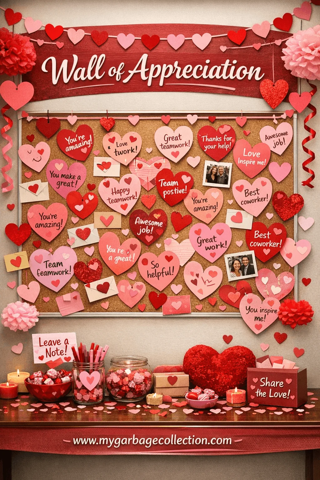 Wall of appreciation bulletin board decorated with red and pink heart notes featuring positive messages like great teamwork awesome job and you inspire me displayed on a cork board with candles jars of candy pens heart decor and a share the love station in an office setting with website url mygarbagecollection.com