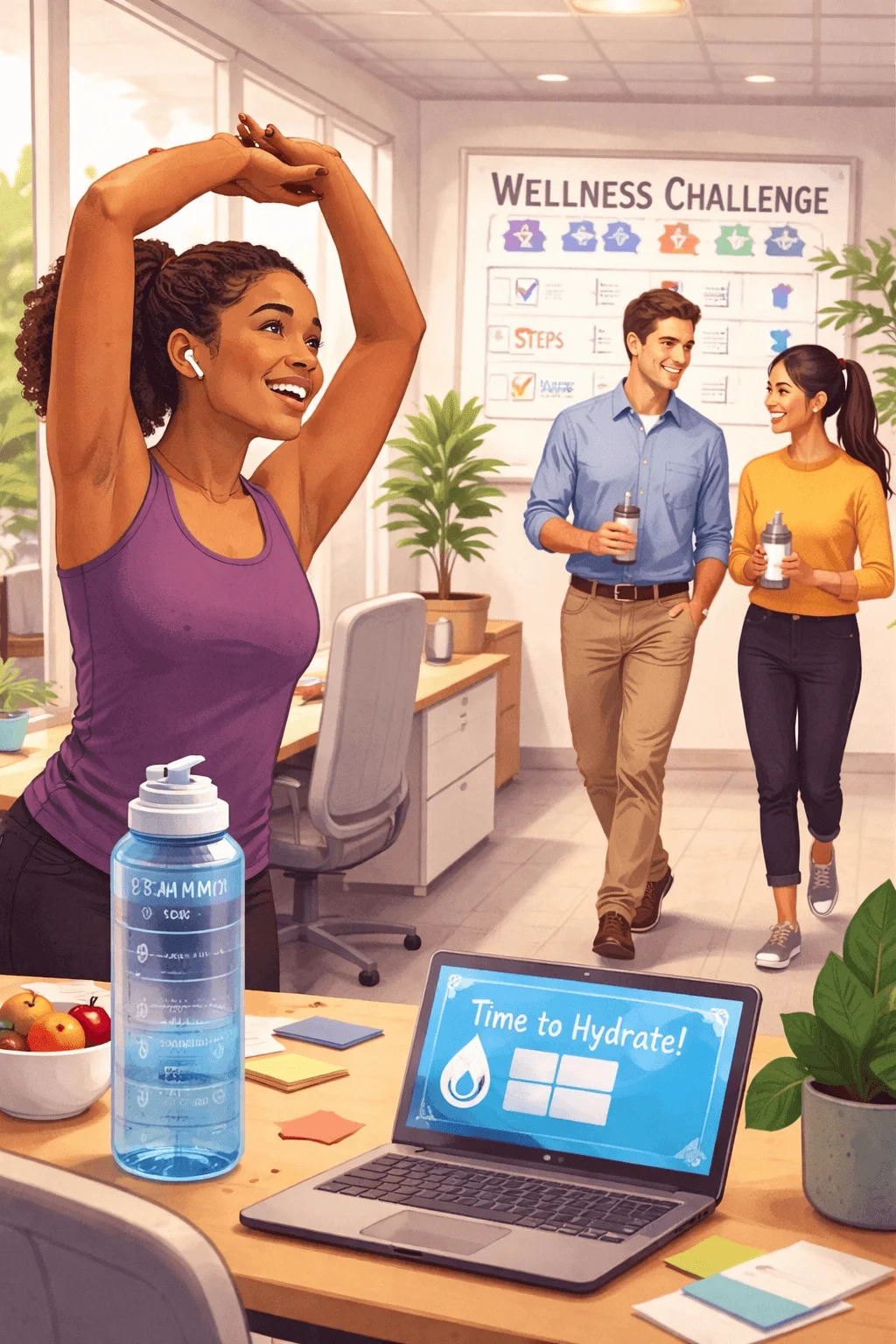 Coworker stretching with arms raised during a workplace wellness challenge while colleagues walk by holding water bottles and a laptop displays a hydration reminder