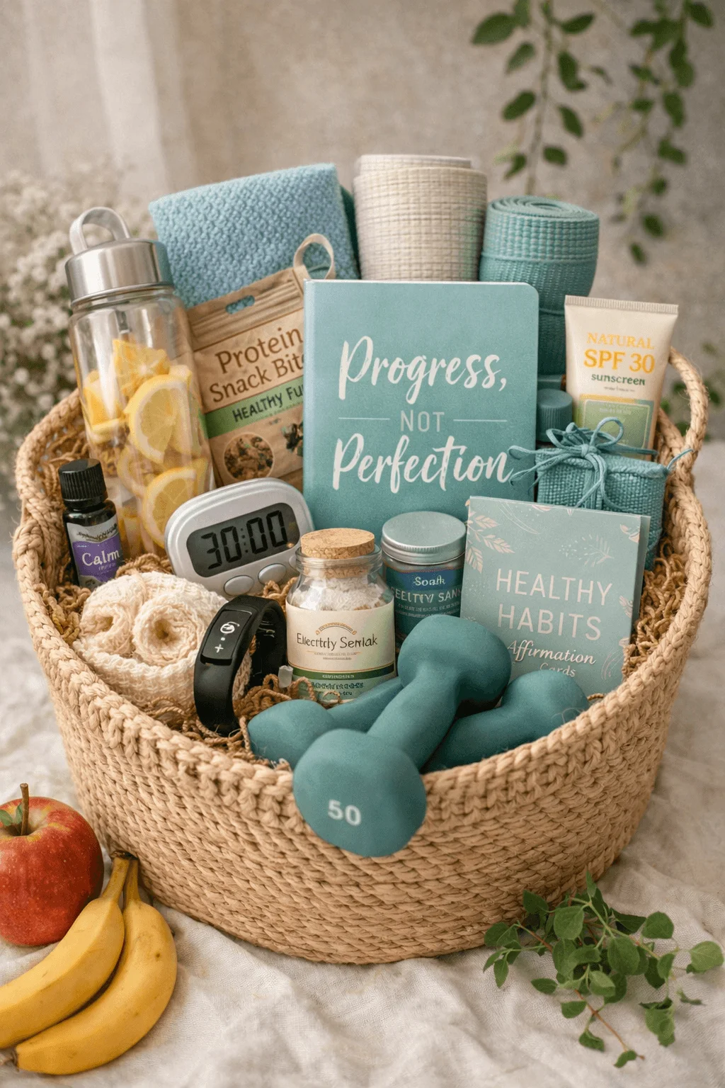 wellness and fitness gift basket with yoga mats resistance bands dumbbells water bottle protein snacks sunscreen essential oils timer fitness tracker affirmations and self care items arranged in a woven basket with fruits and greenery
