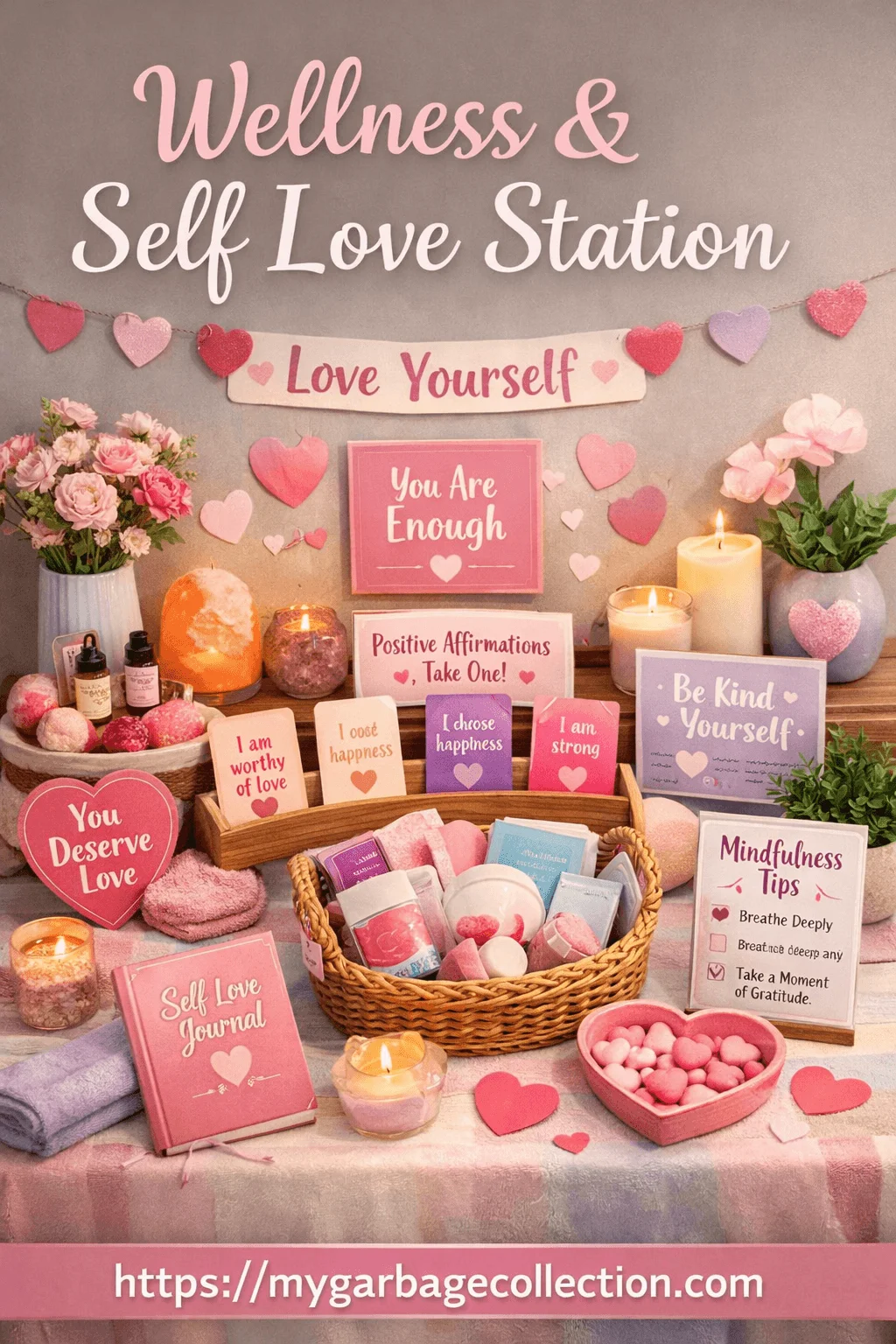 Wellness and self love station decorated with pink hearts candles flowers affirmation cards mindfulness tips self care items journals bath products and positive messages arranged on a table creating a calming Valentine themed office space with website url mygarbagecollection.com