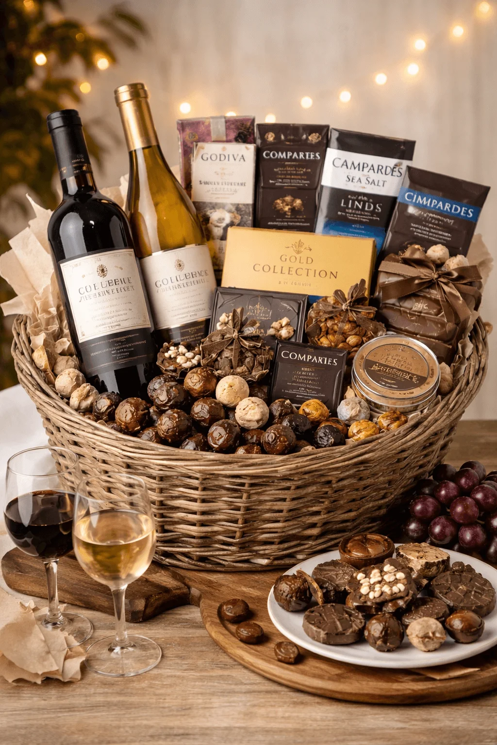 wine and chocolate pairing gift basket with red and white wine assorted gourmet chocolates truffles chocolate bars chocolate covered nuts and sweets arranged in a wicker basket with wine glasses and grapes nearby