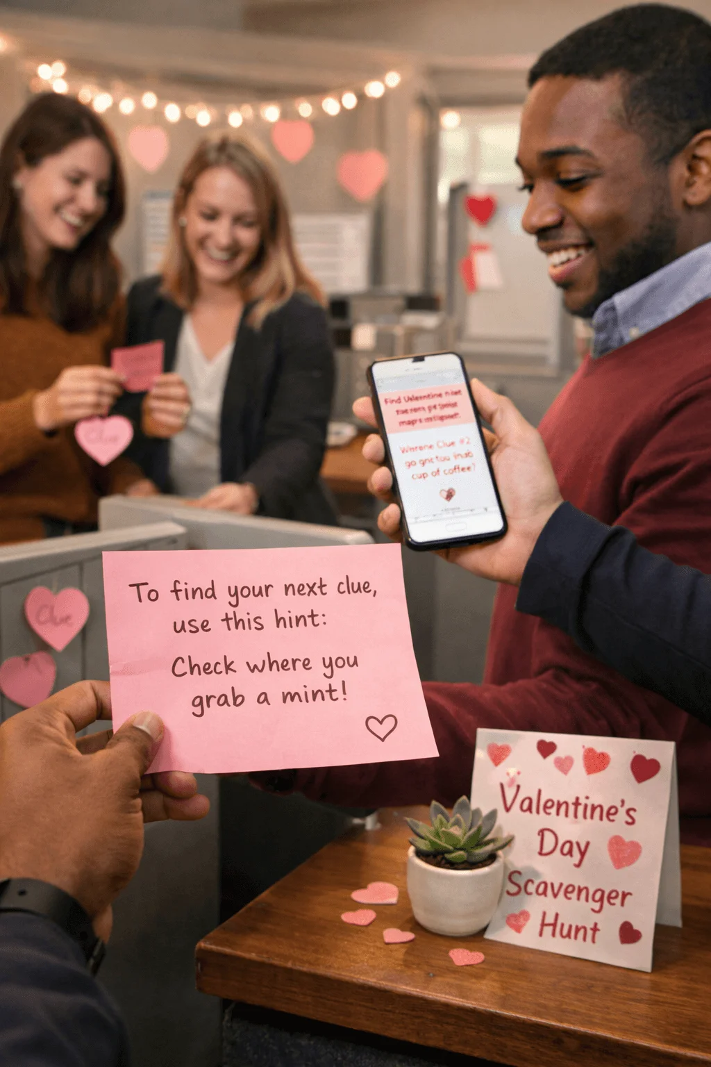 Coworkers smiling and holding Valentine scavenger hunt clues with heart decorations in an office cubicle area
