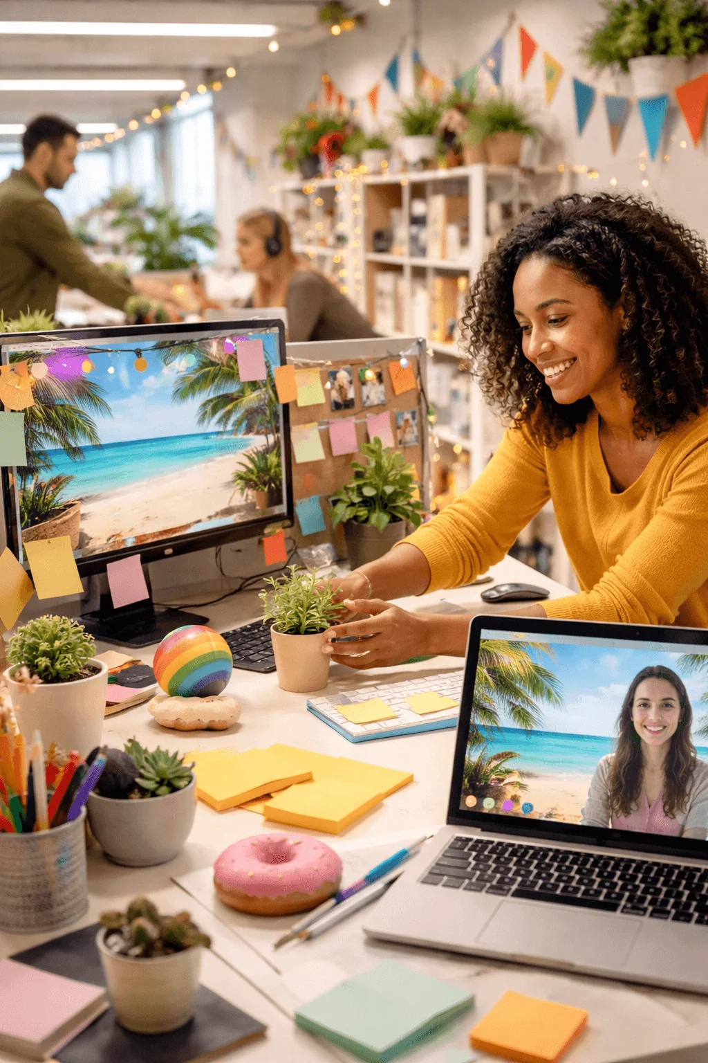 Smiling coworker decorating a workspace with plants sticky notes colorful flags and a laptop showing a video call in a bright office
