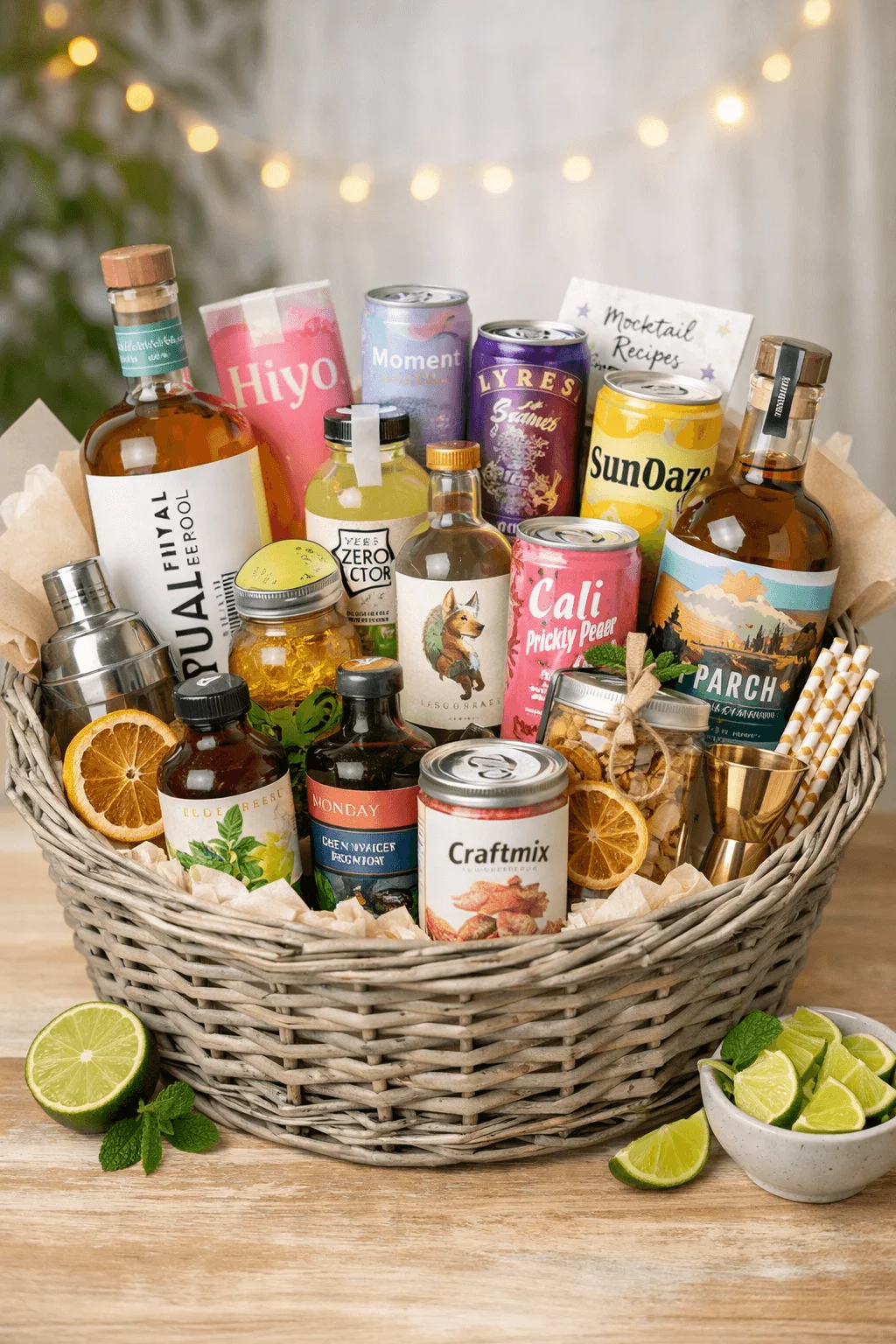 zero proof mocktail gift basket with non alcoholic spirits mixers canned mocktails dried citrus garnishes syrup cocktail shaker jigger straws and recipe cards arranged in a wicker basket with limes and mint