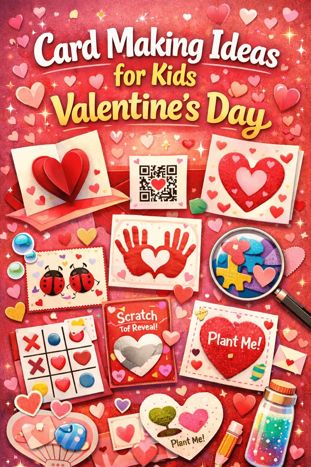 Colorful Valentine’s Day poster featuring kids card making ideas with heart crafts handprint cards scratch reveal puzzles tic tac toe and plant me seed cards on a pink background filled with hearts and sparkles