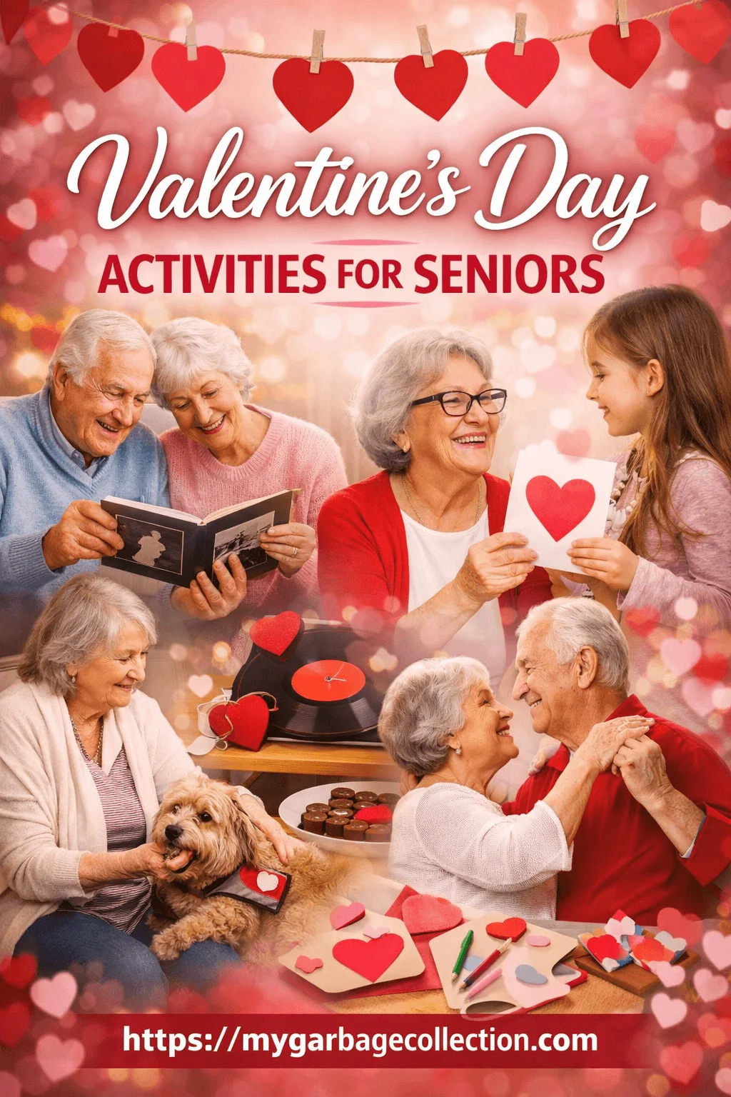 Valentines Day activities for seniors showing elderly couples reading cards dancing doing crafts listening to music and sharing joyful moments with family and pets in a festive heart themed setting
