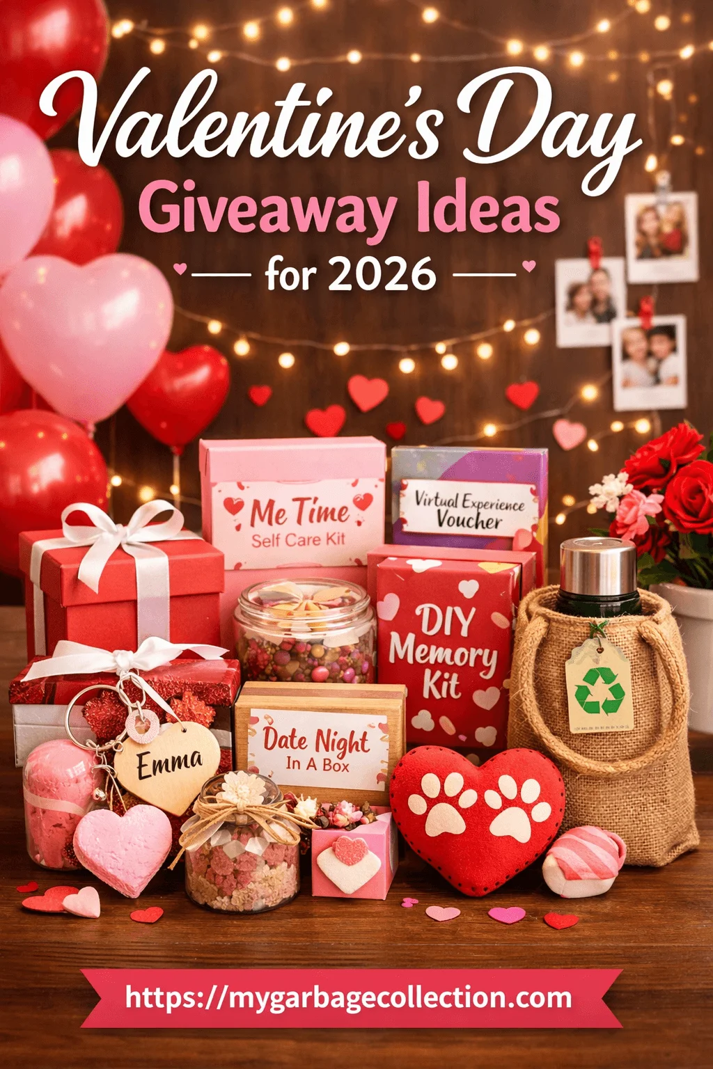 Valentines Day giveaway ideas display featuring gift boxes self care kits DIY memory kit date night box candles bath items heart decorations balloons fairy lights and a festive background with a website URL banner at the bottom