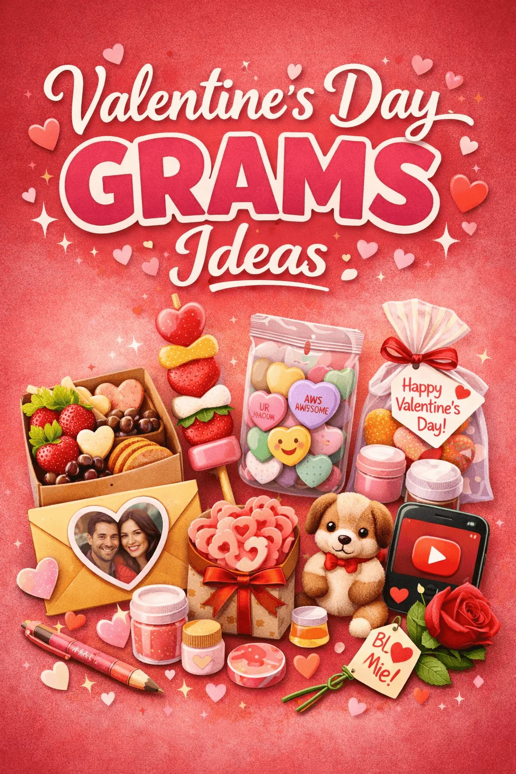 Valentines Day grams ideas poster featuring candy bags heart shaped treats gift boxes teddy bear rose photo card and festive Valentine decorations on a pink background