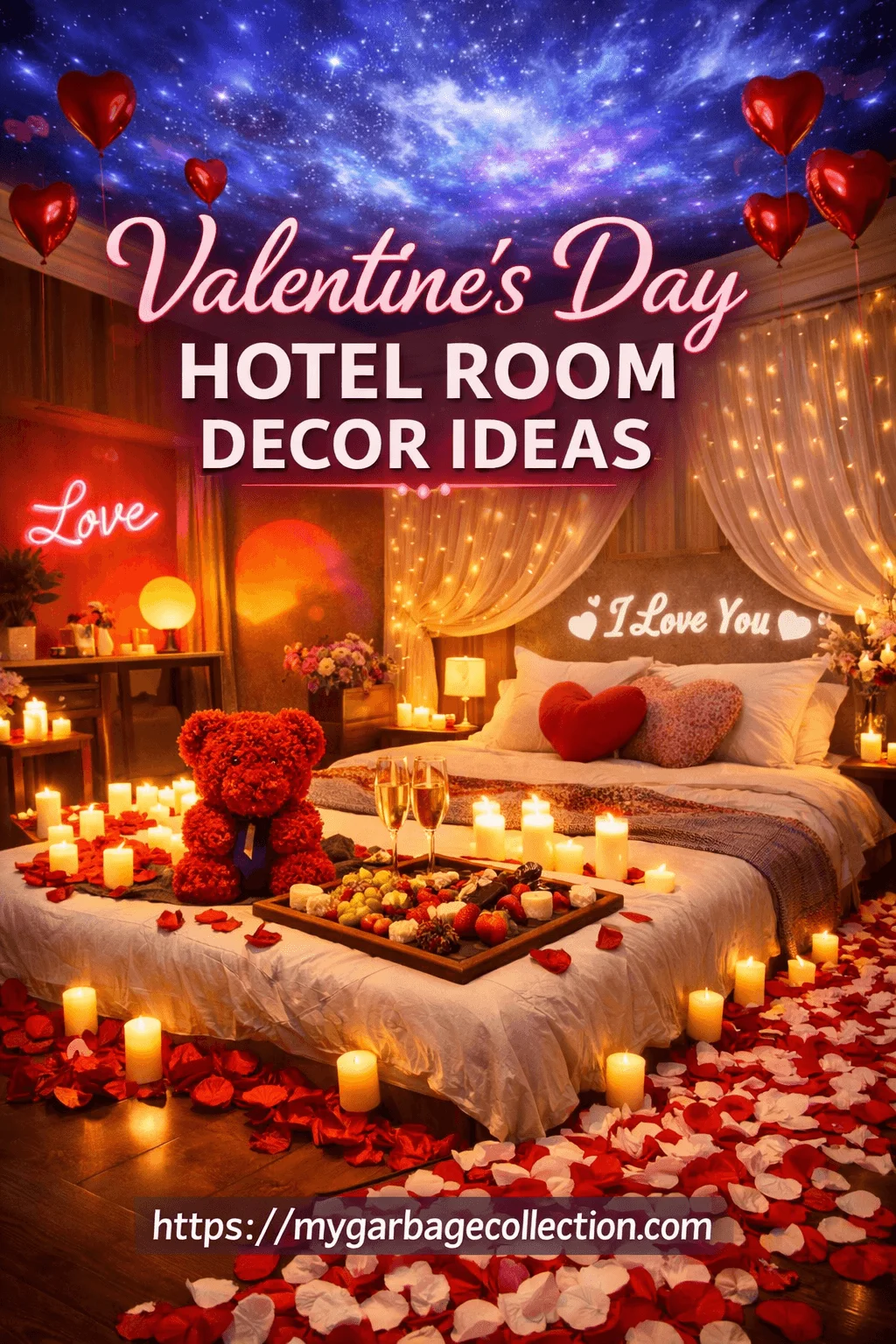 Romantic Valentines Day hotel room decorated with candles rose petals heart balloons teddy bear champagne glasses fruit tray and glowing love lights creating a cozy intimate atmosphere