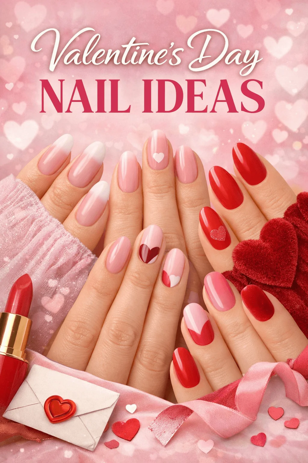 Valentines Day nail ideas with multiple hands showing pink and red manicures featuring heart designs glossy finishes lipstick hearts and romantic themed background with soft pink tones and decorative elements