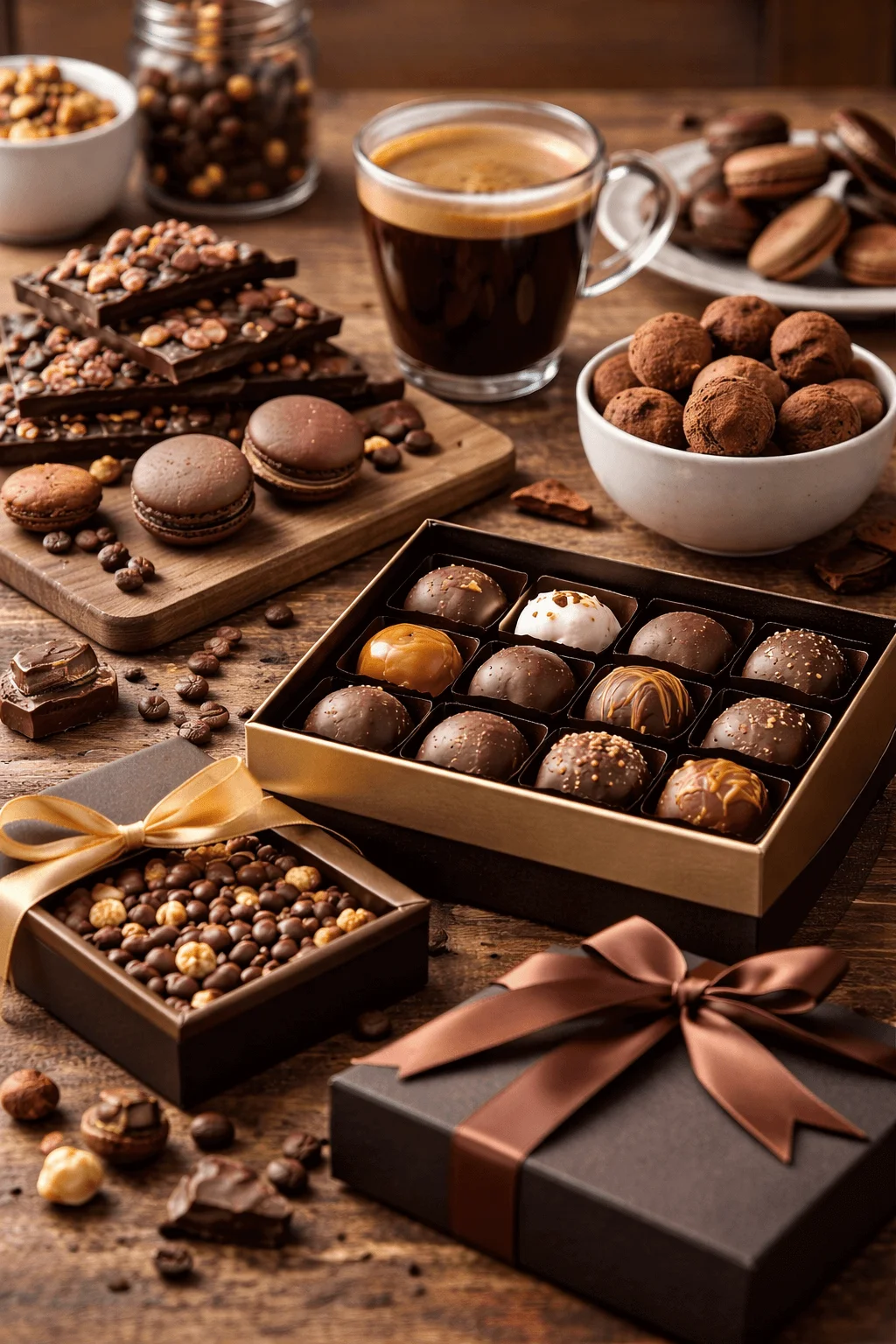 Artisanal chocolate and gourmet treats displayed with assorted truffles, filled chocolates, macarons, chocolate bars, coffee, nuts, and gift boxes tied with ribbons on a rustic wooden table