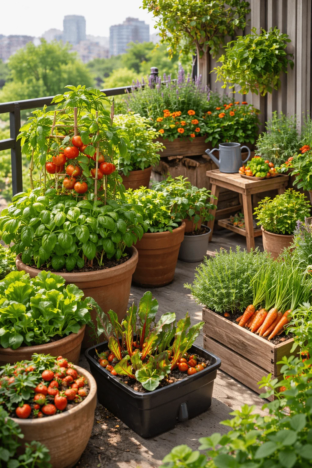 Sunny urban balcony garden filled with container-grown vegetables and herbs, including tomatoes climbing a small trellis, basil, strawberries, leafy greens, carrots in a wooden planter box, and colorful flowers in pots, with a watering can and small table set against a city skyline backdrop