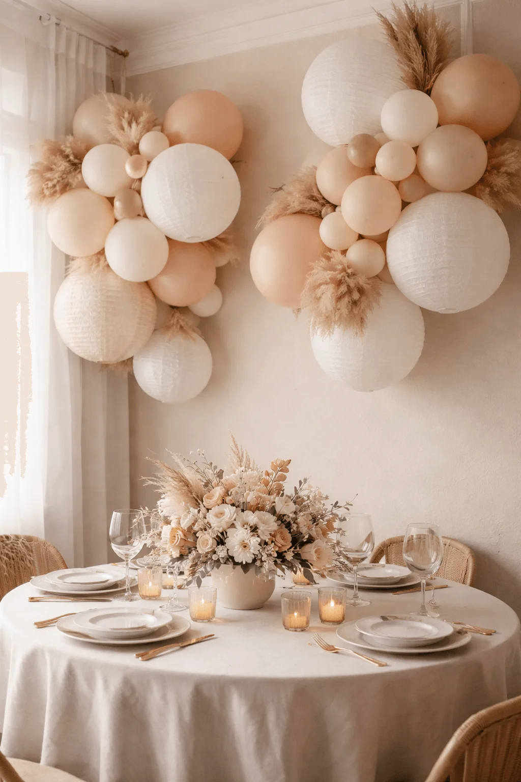 Neutral balloon and paper lantern wall decor above a romantic dining table with soft candles and elegant floral centerpiece