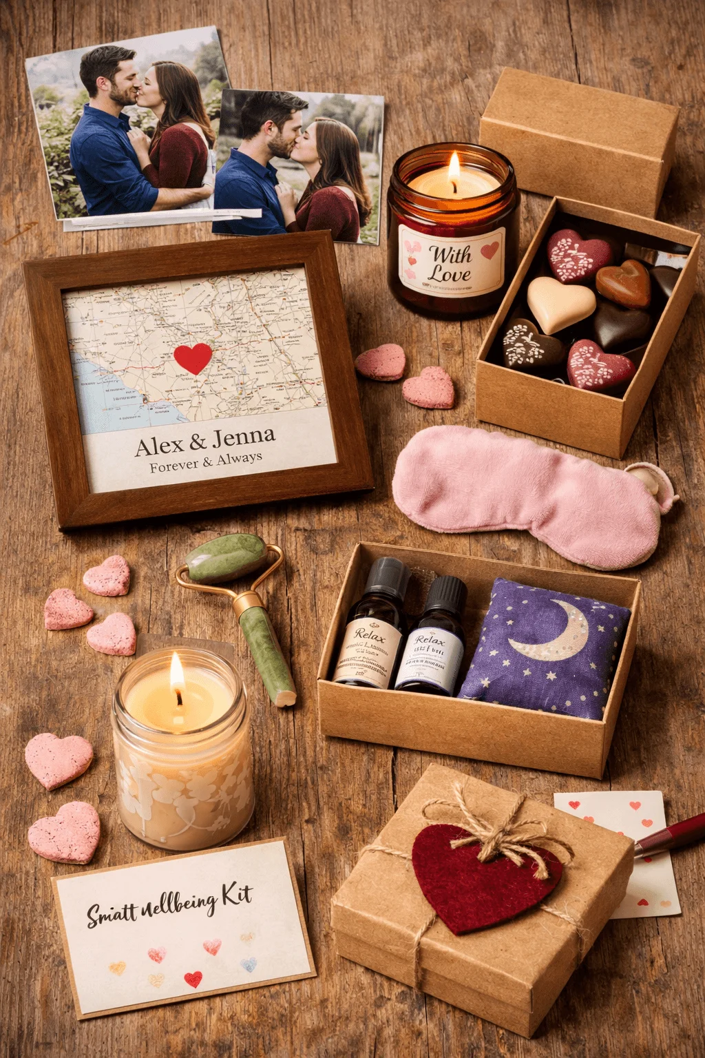 Personalized Valentine’s Day gift set with framed map art, couple photos, candles, chocolates, and a small self care kit arranged on a wooden table