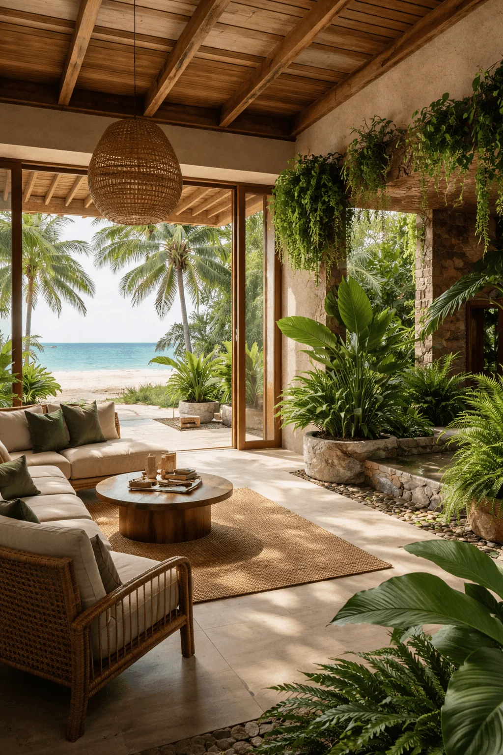 Biophilic beach house interior with natural wood beams, woven lighting, lush indoor plants, and open glass doors framing ocean views and palm trees.