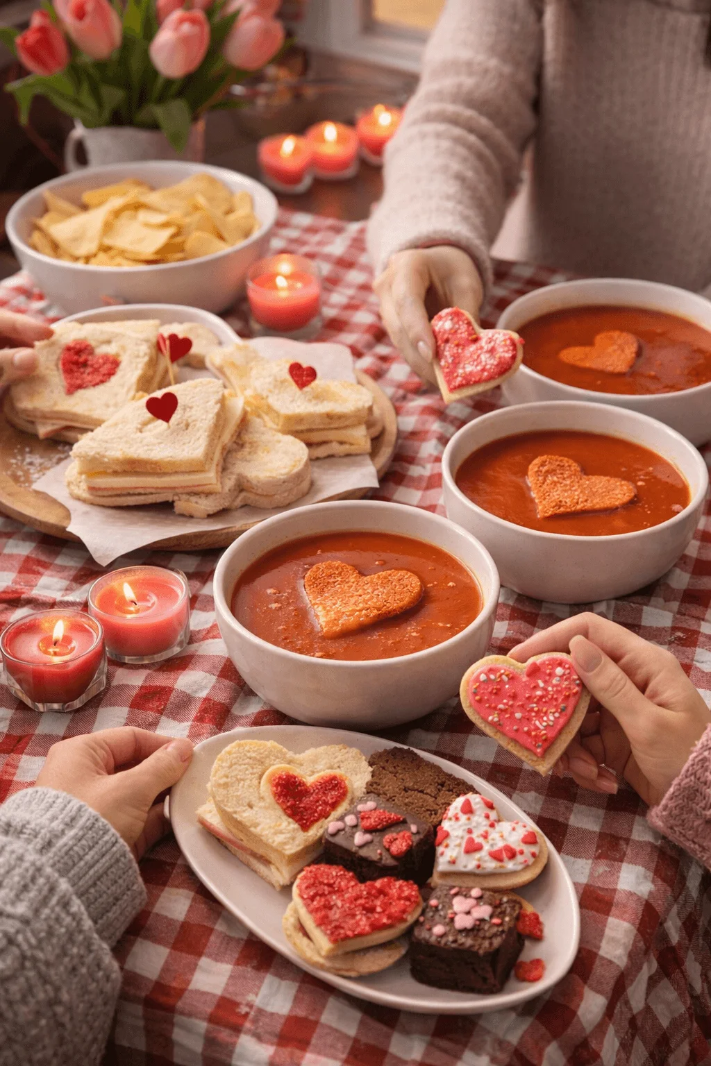 Heart shaped grilled sandwiches with tomato soup cookies brownies and candles on a red checkered table with friends sharing food