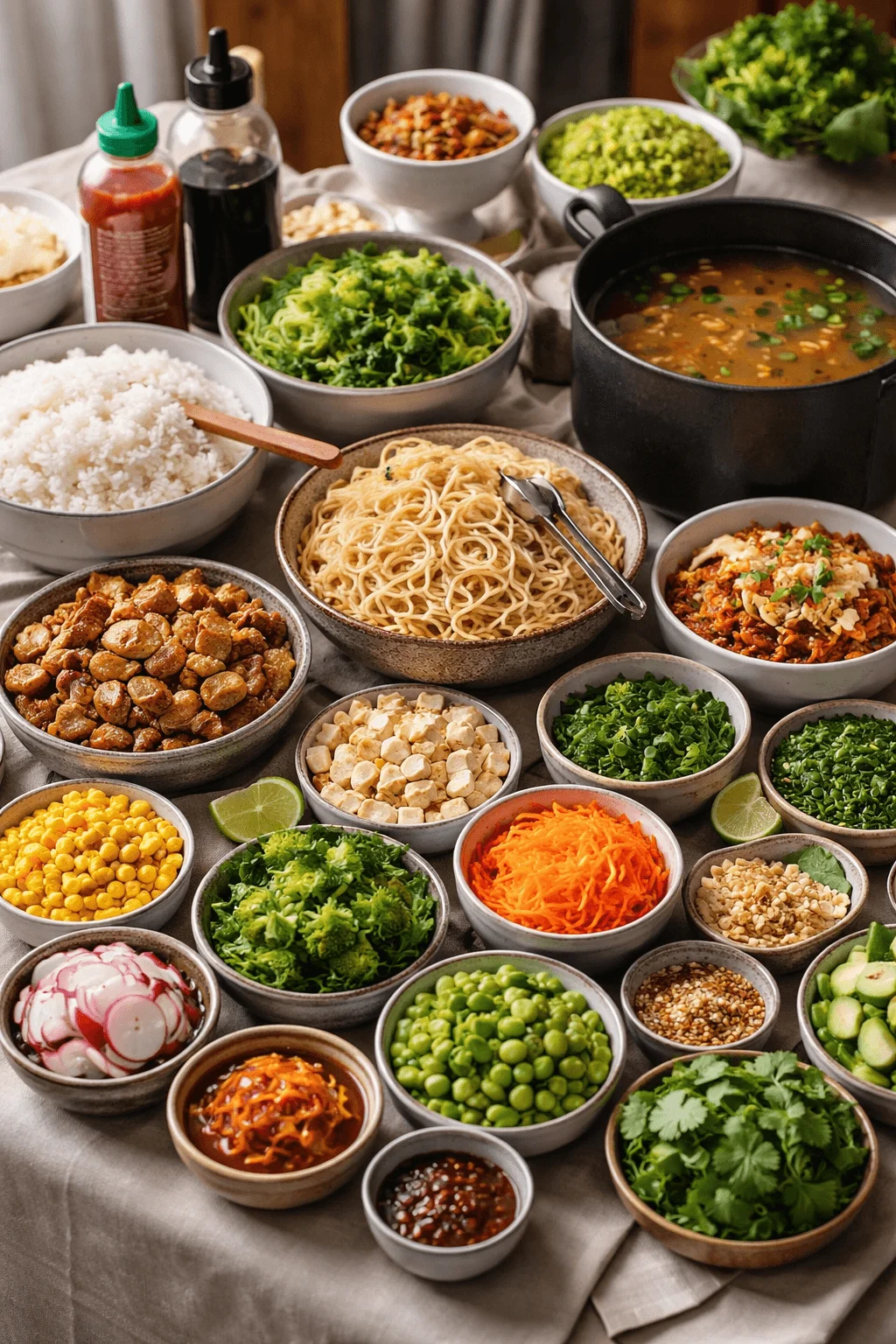 Build your own noodle and rice bowl bar with broth proteins fresh vegetables herbs and sauces arranged on a table