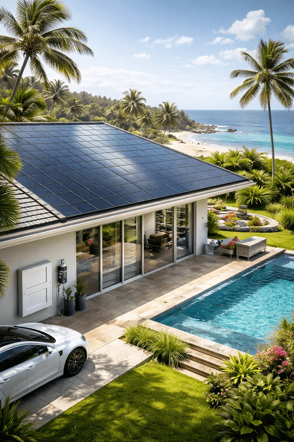 Modern tropical beach house with building-integrated solar panels on the roof, overlooking the ocean with a pool and electric vehicle parked beside the home.