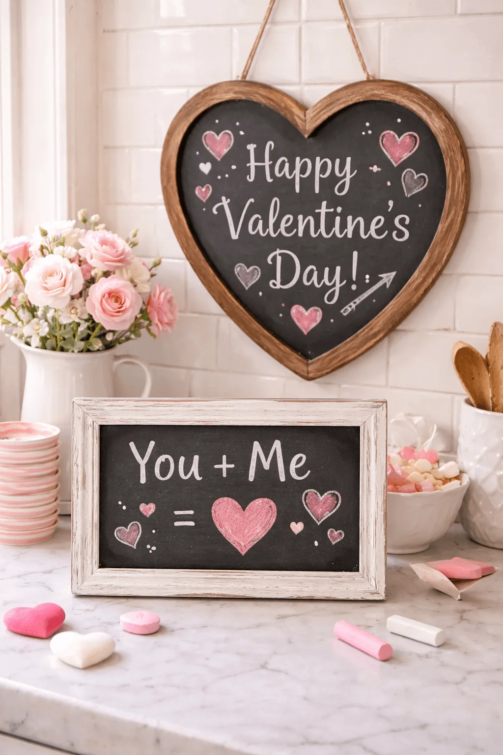 Chalkboard Valentine messages with heart drawings and sweet phrases displayed on a kitchen counter with pink decor