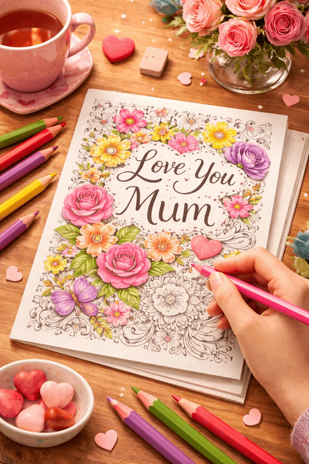 Coloring page style Valentine card with floral wreath and the words Love You Mum surrounded by colored pencils hearts and a cup of tea