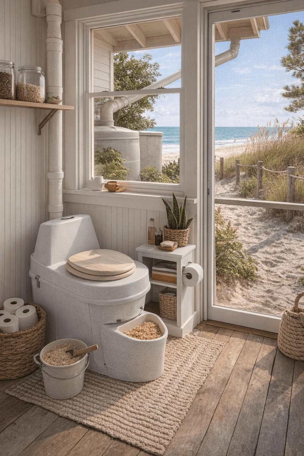 Coastal beach house bathroom with a white composting toilet, wood accents, and buckets of sawdust, overlooking sand dunes and the ocean through large windows.