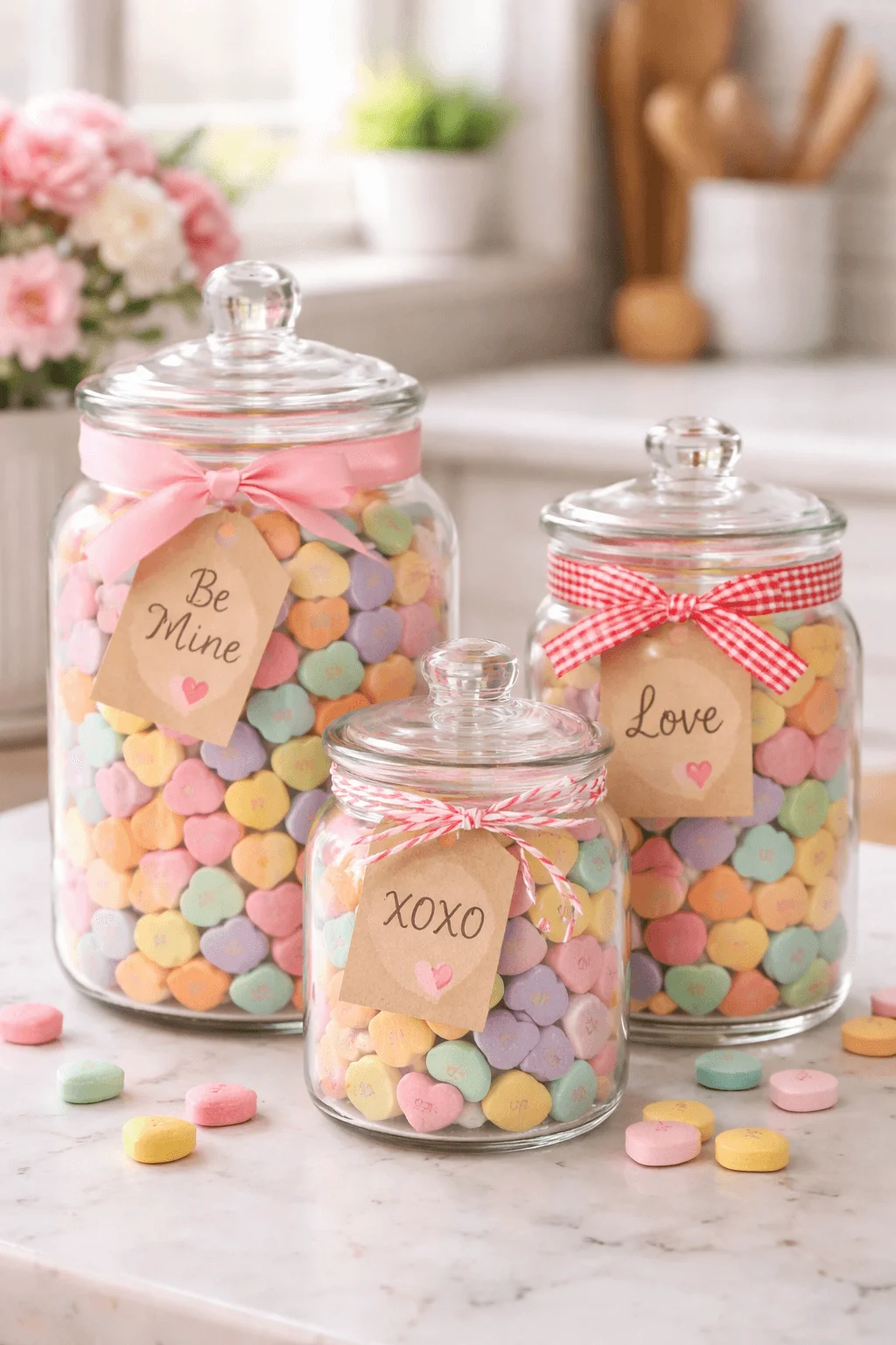 Glass jars filled with pastel conversation heart candies decorated with ribbons and tags on a bright kitchen counter